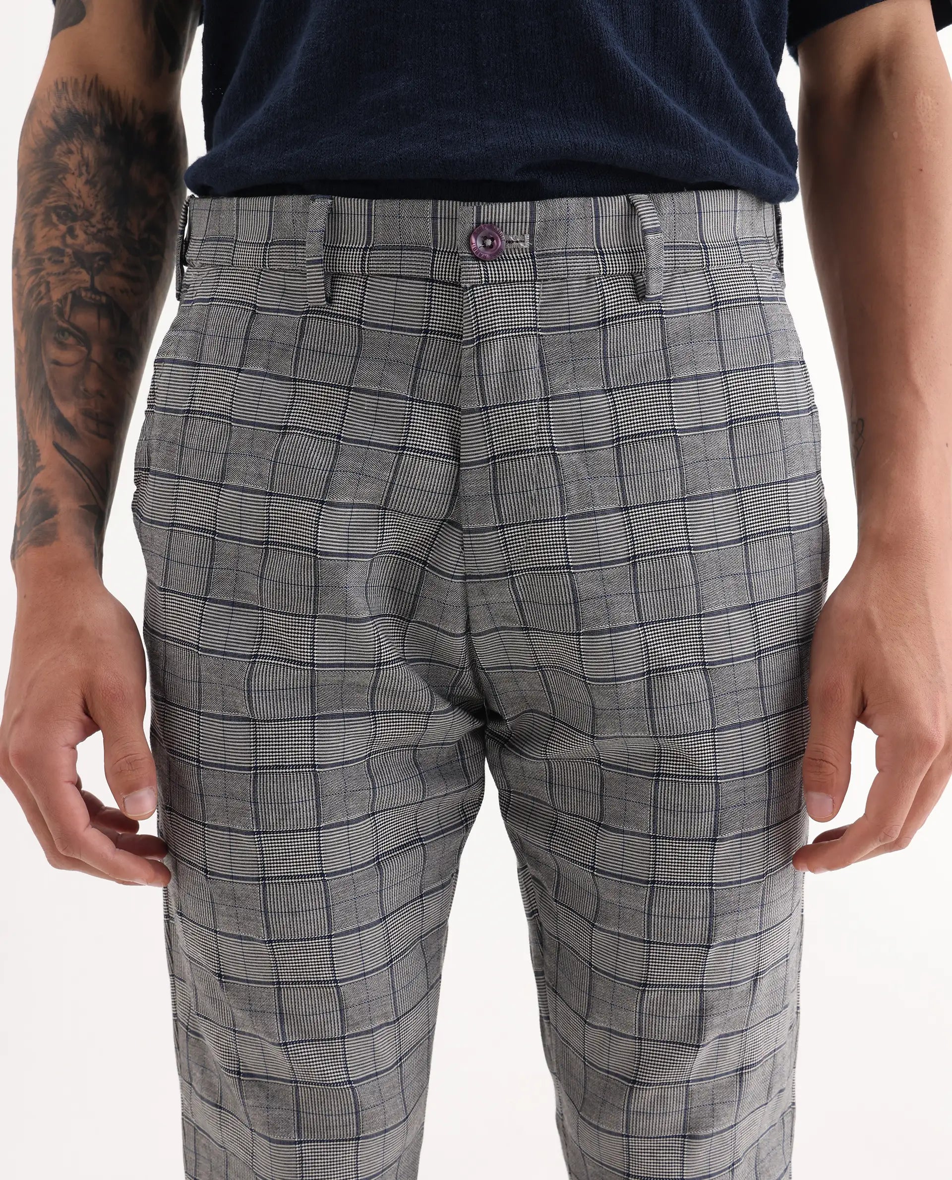 Rare Rabbit Men's Lenid Grey Polyester Checked Print Regular Fit Trouser