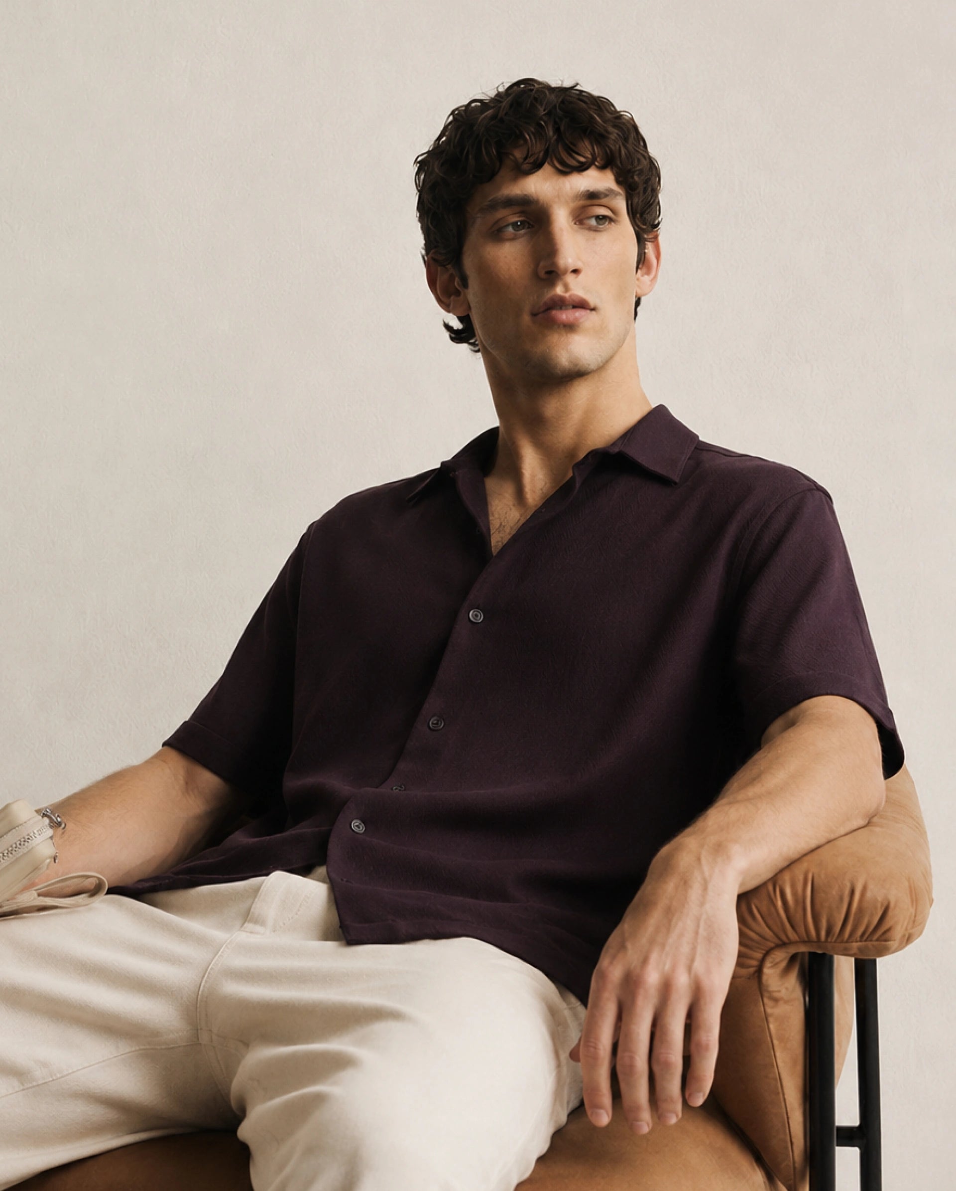 Rare Rabbit Men's Leno Brown Cotton Blend Fabric Spread Collar Regular Fit Plain Shirt