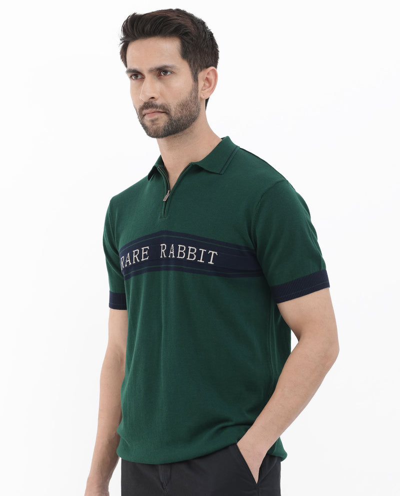 Rare Rabbit Men's Lester Green Half Sleeves Collared Neck Polo T-Shirt