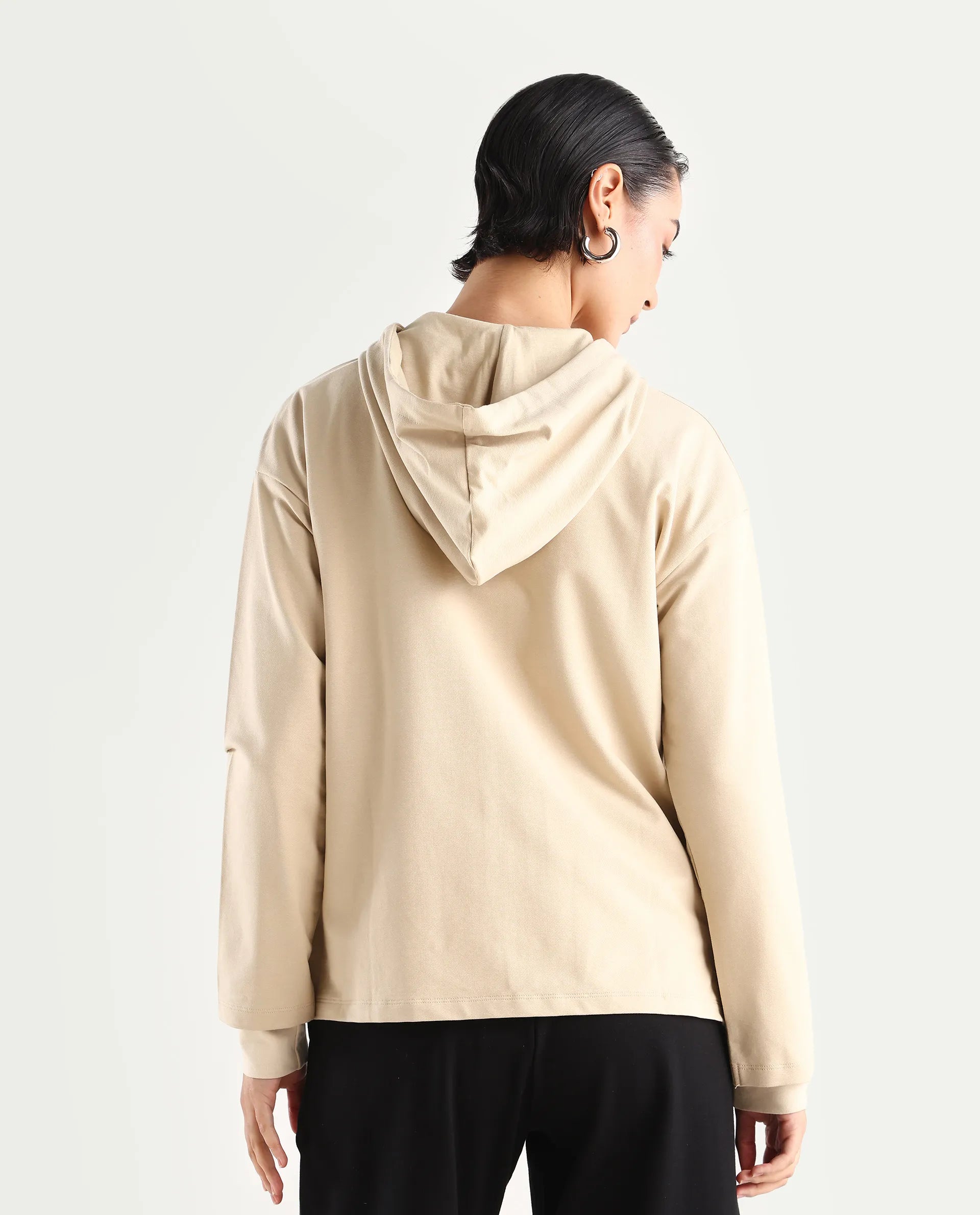 Rareism Women's Leth Light Brown Cotton Blend Hooded Plain Relaxed Fit Sweatshirt