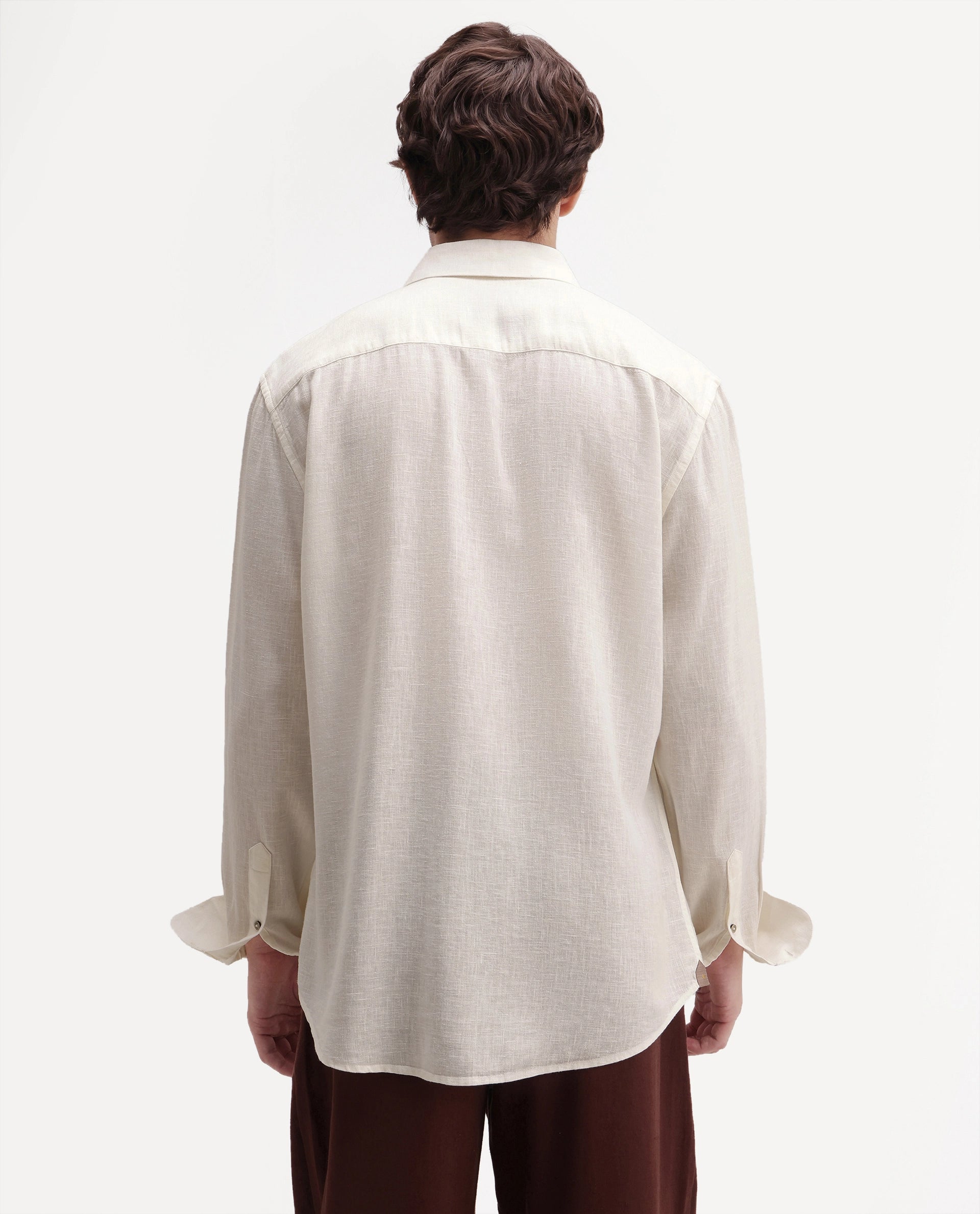 Rare Rabbit Men's Lewan-Ls Primary Off White Linen Blend Spread Collar Regular Plain Shirt
