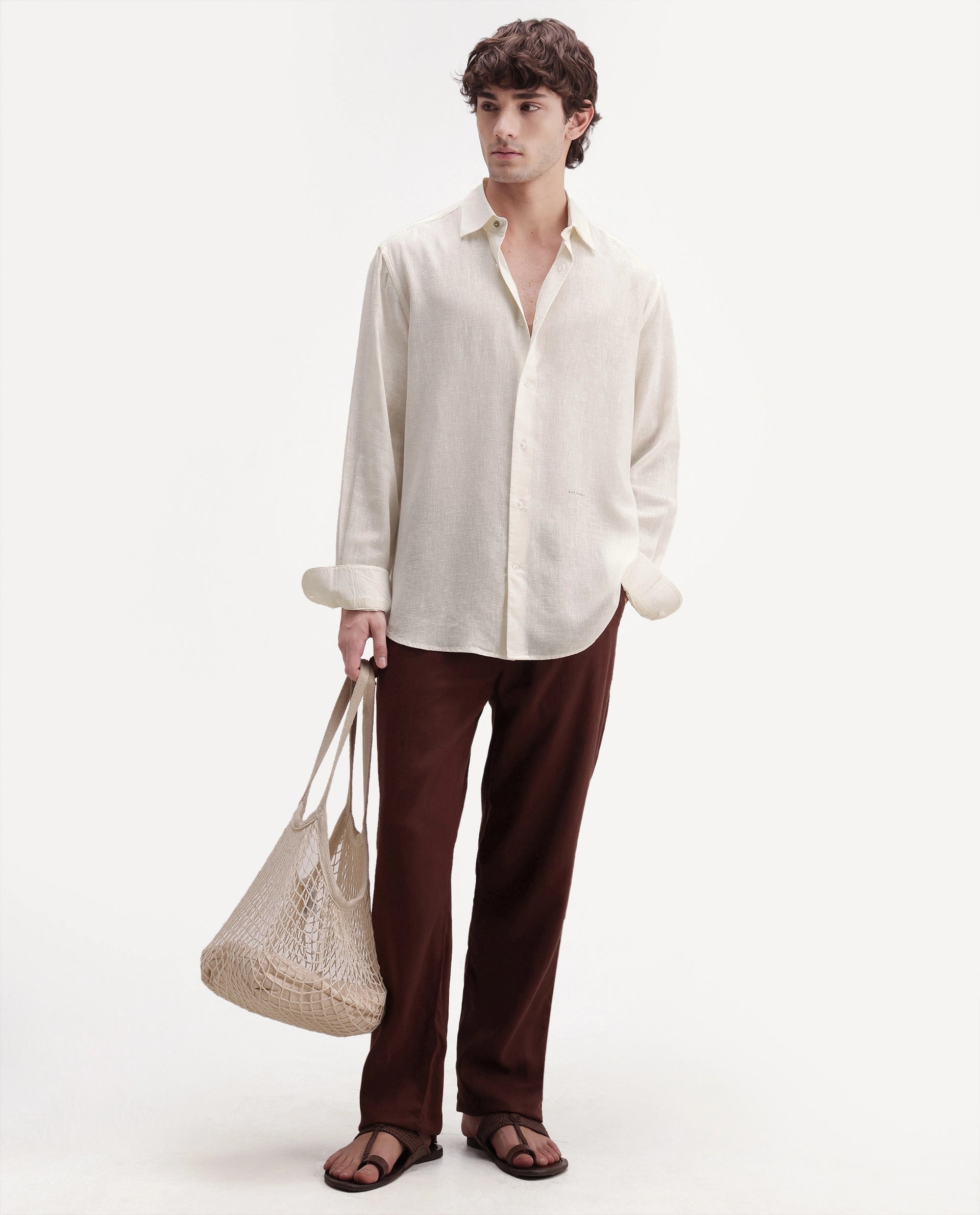 Rare Rabbit Men's Lewan-Ls Primary Off White Linen Blend Spread Collar Regular Plain Shirt