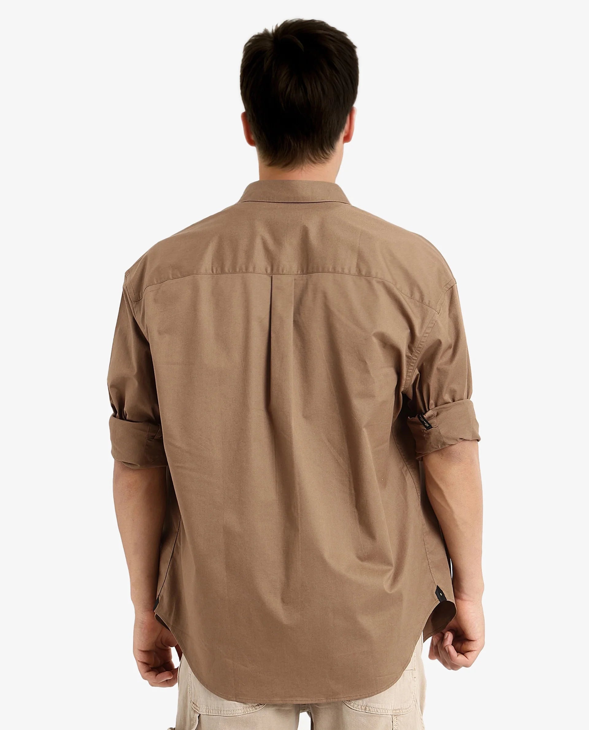 Rare Rabbit Men Lewi Khaki Cotton Lycra Fabric Full Sleeve Regular Collar Boxy Fit Plain Shirt
