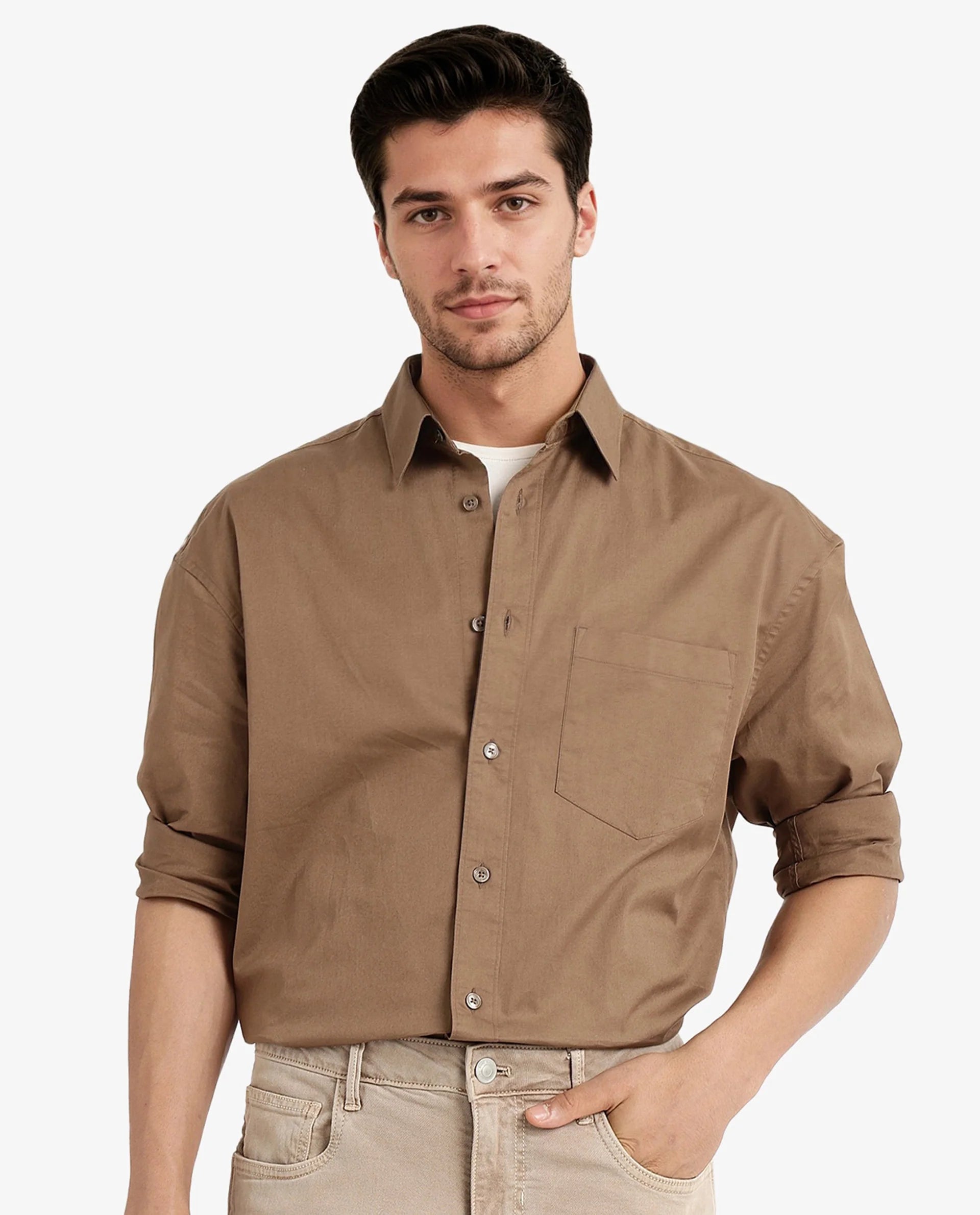 Rare Rabbit Men Lewi Khaki Cotton Lycra Fabric Full Sleeve Regular Collar Boxy Fit Plain Shirt