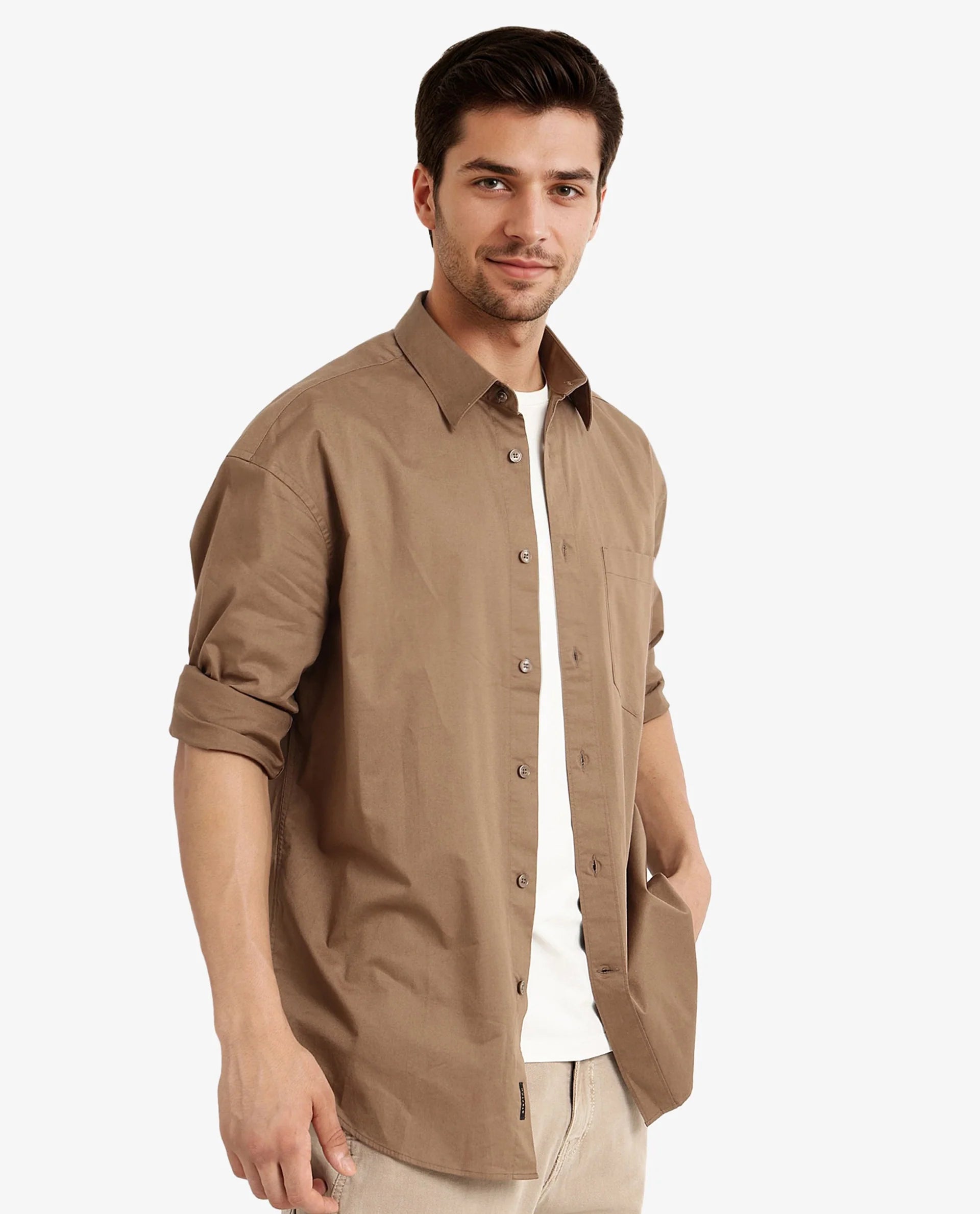 Rare Rabbit Men Lewi Khaki Cotton Lycra Fabric Full Sleeve Regular Collar Boxy Fit Plain Shirt