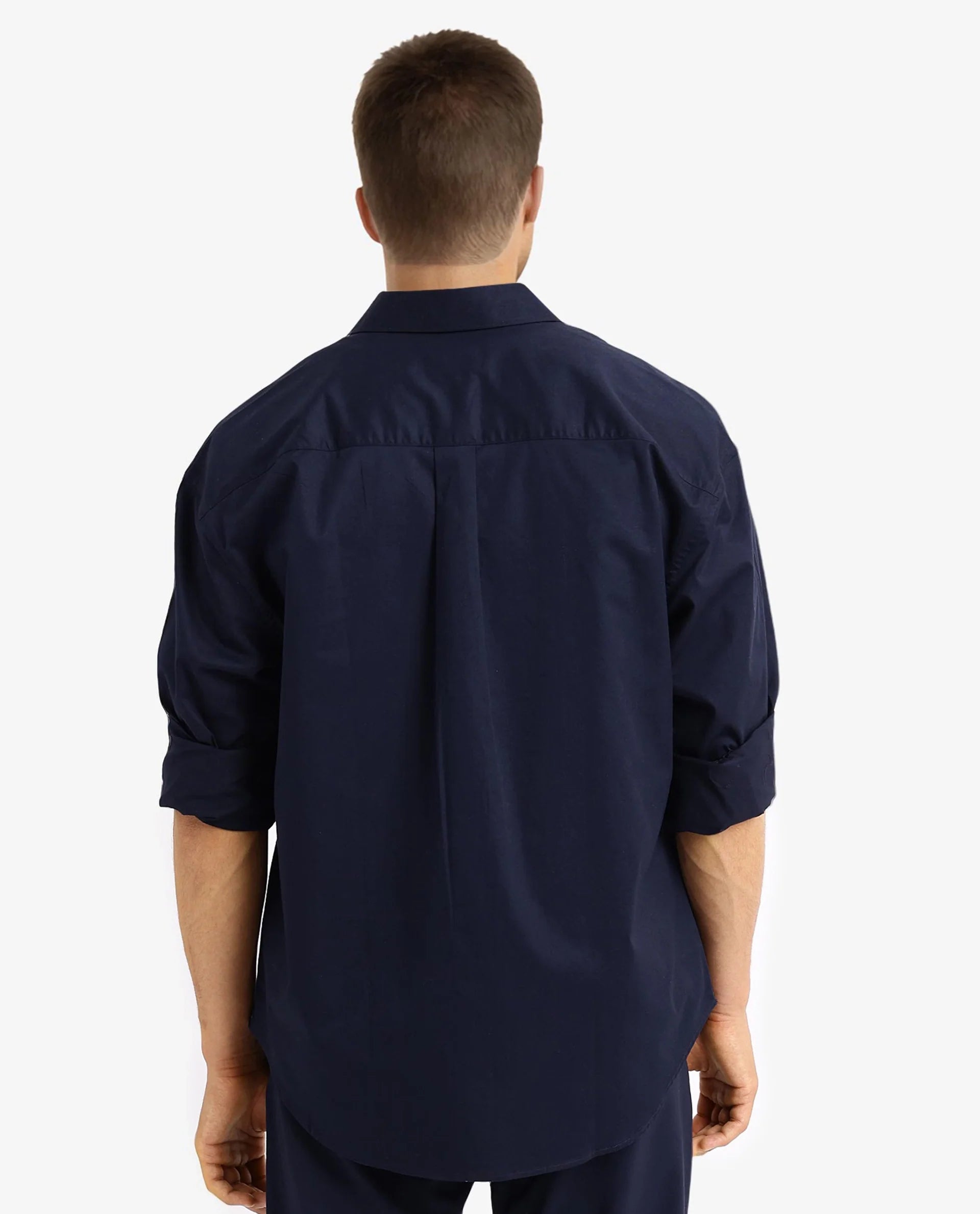 Rare Rabbit Men Lewi Navy Cotton Lycra Fabric Full Sleeve Regular Collar Boxy Fit Plain Shirt