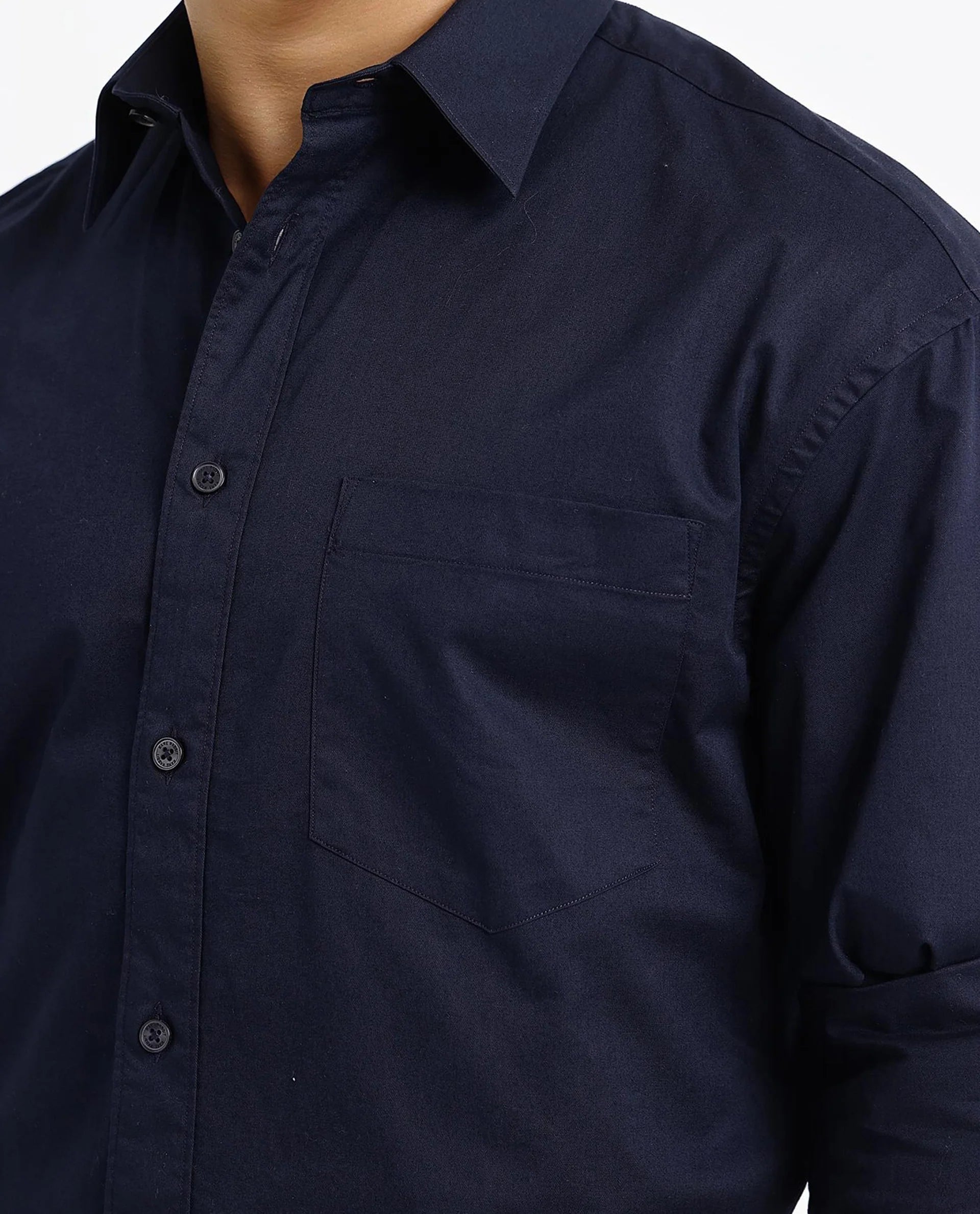 Rare Rabbit Men Lewi Navy Cotton Lycra Fabric Full Sleeve Regular Collar Boxy Fit Plain Shirt
