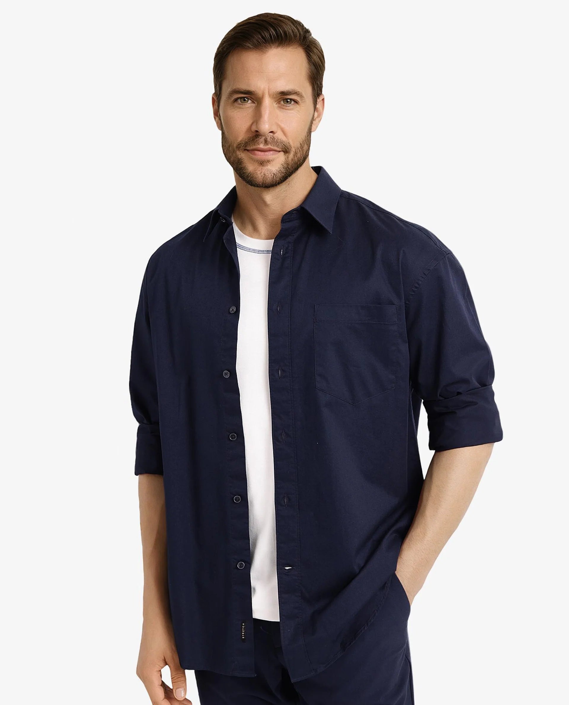 Rare Rabbit Men Lewi Navy Cotton Lycra Fabric Full Sleeve Regular Collar Boxy Fit Plain Shirt