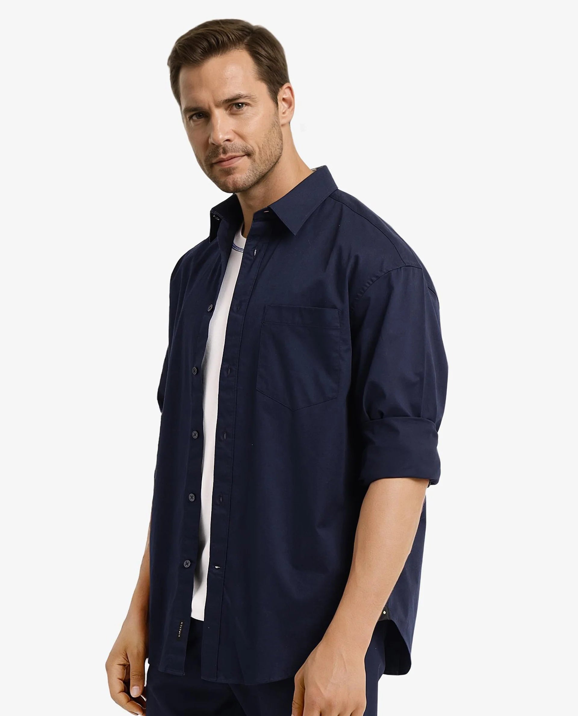 Rare Rabbit Men Lewi Navy Cotton Lycra Fabric Full Sleeve Regular Collar Boxy Fit Plain Shirt