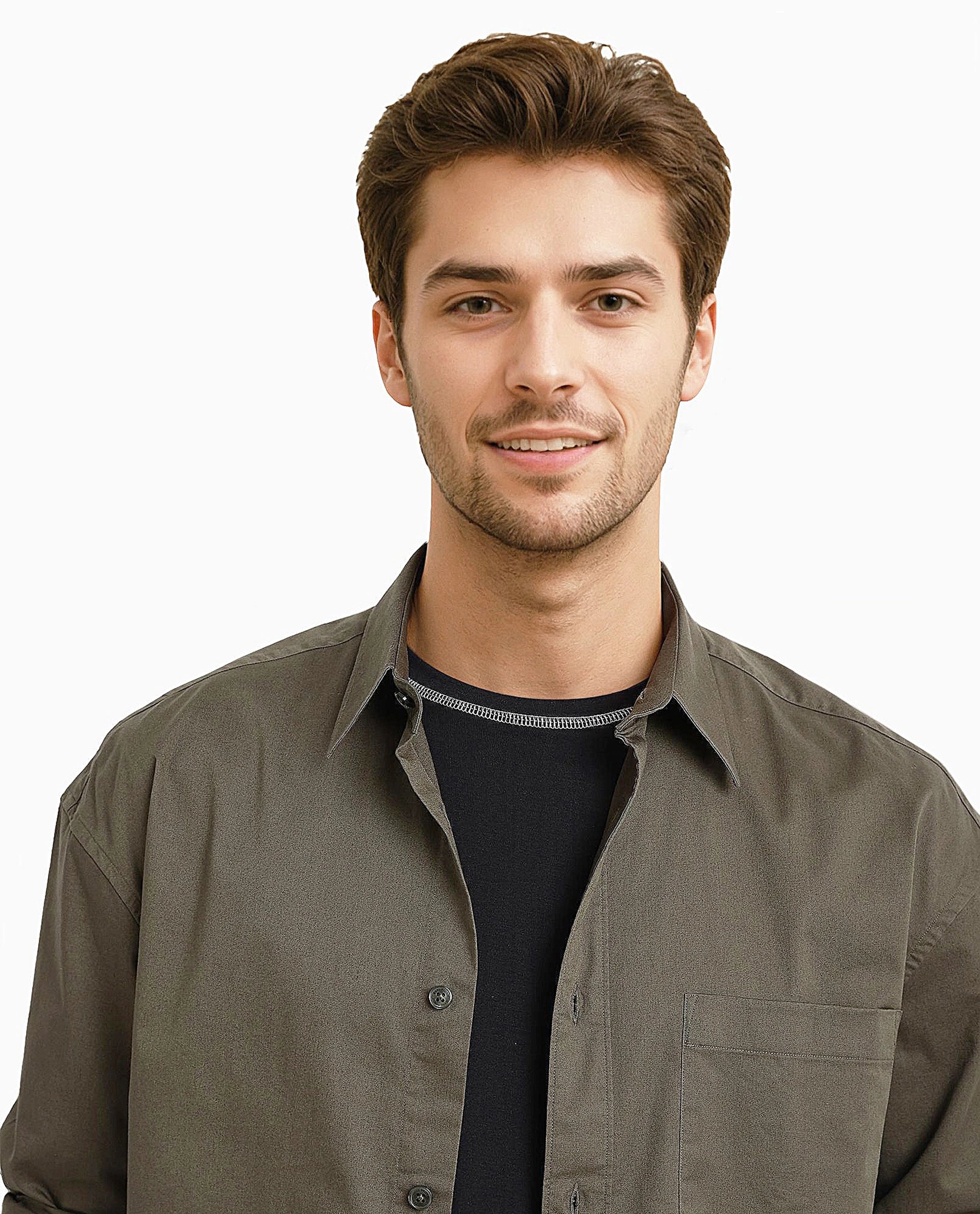 Rare Rabbit Men Lewi Olive Cotton Lycra Fabric Full Sleeve Regular Collar Boxy Fit Plain Shirt