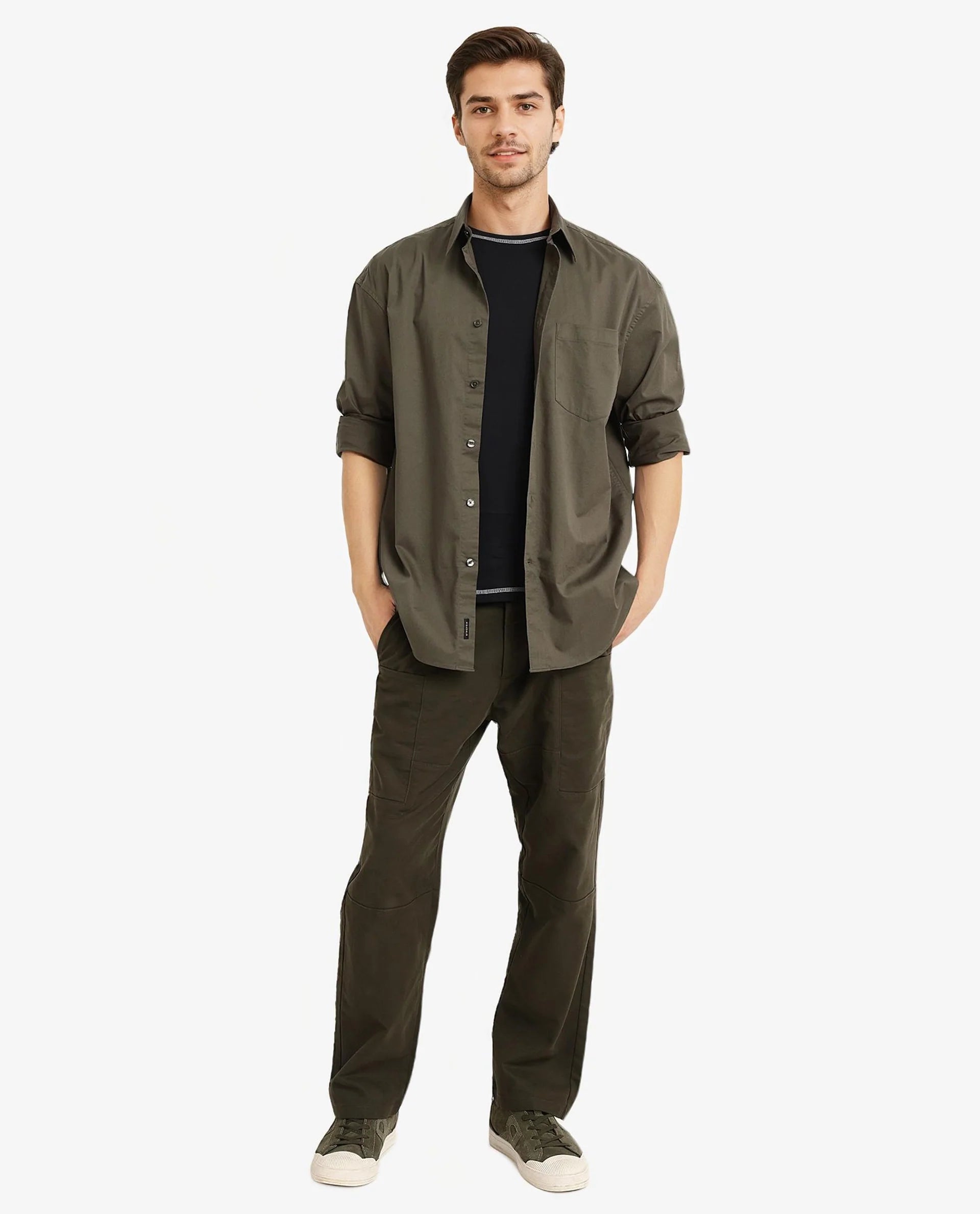 Rare Rabbit Men Lewi Olive Cotton Lycra Fabric Full Sleeve Regular Collar Boxy Fit Plain Shirt