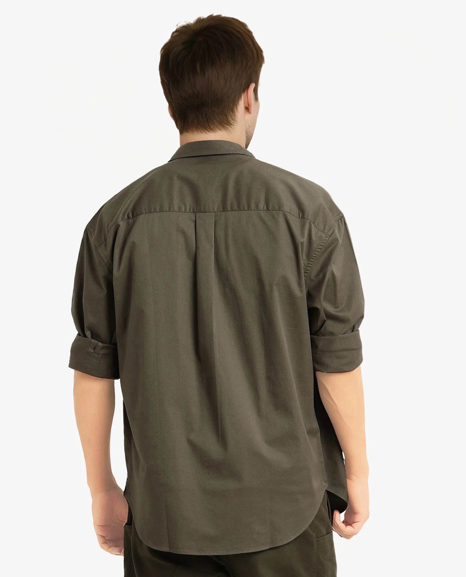 Rare Rabbit Men Lewi Olive Cotton Lycra Fabric Full Sleeve Regular Collar Boxy Fit Plain Shirt