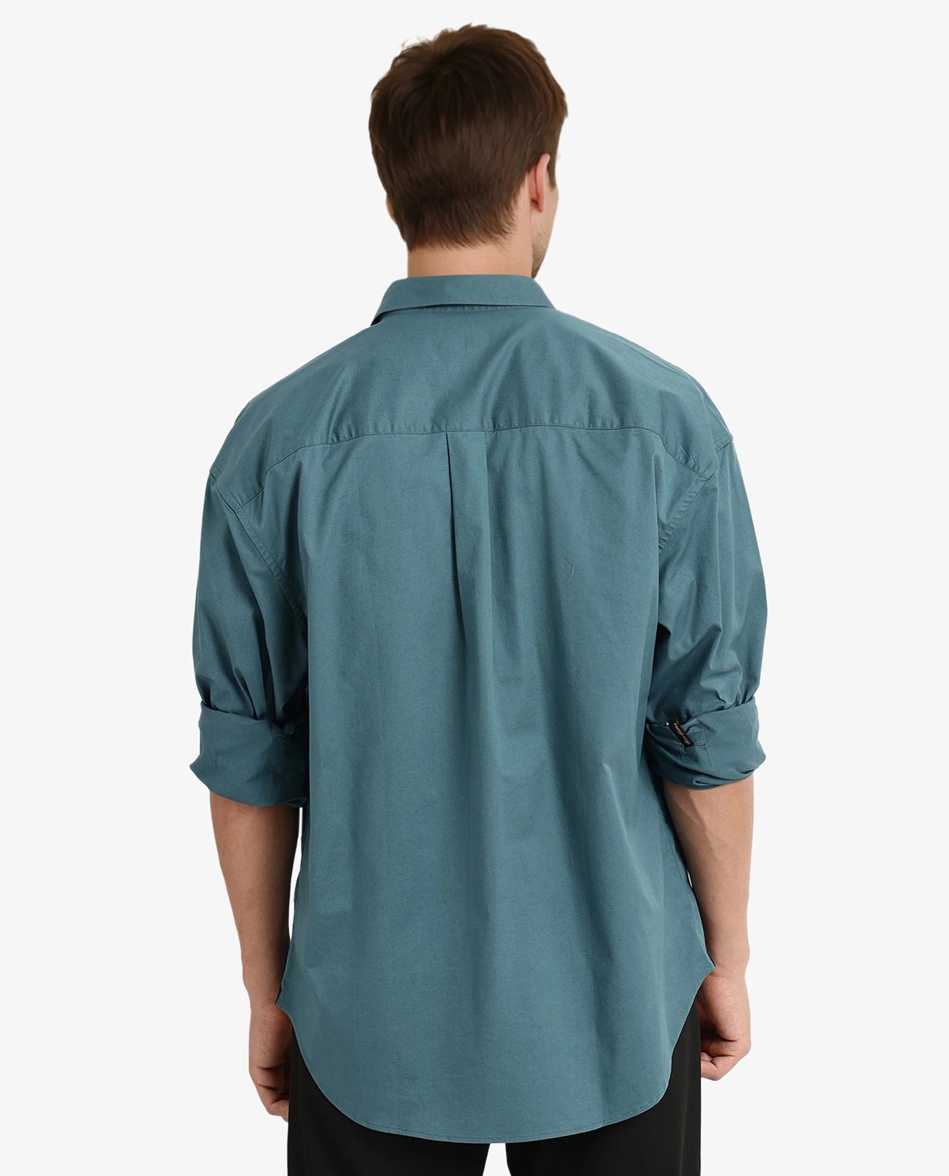 Rare Rabbit Men Lewi Teal Cotton Lycra Fabric Full Sleeve Regular Collar Boxy Fit Plain Shirt