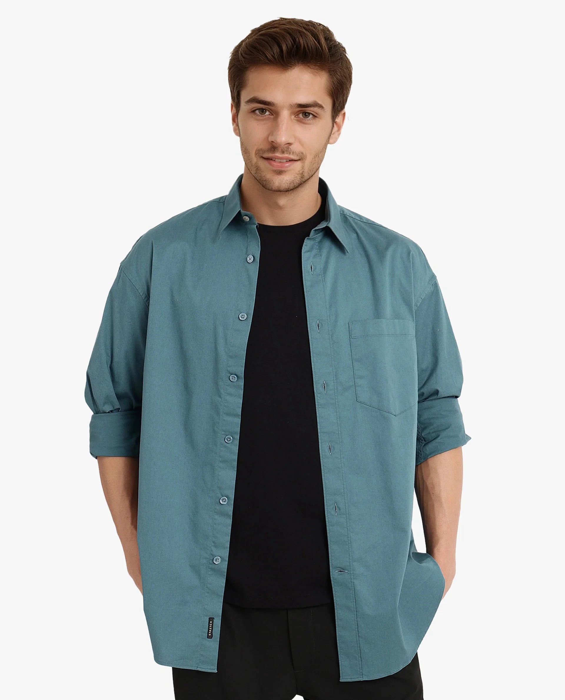 Rare Rabbit Men Lewi Teal Cotton Lycra Fabric Full Sleeve Regular Collar Boxy Fit Plain Shirt