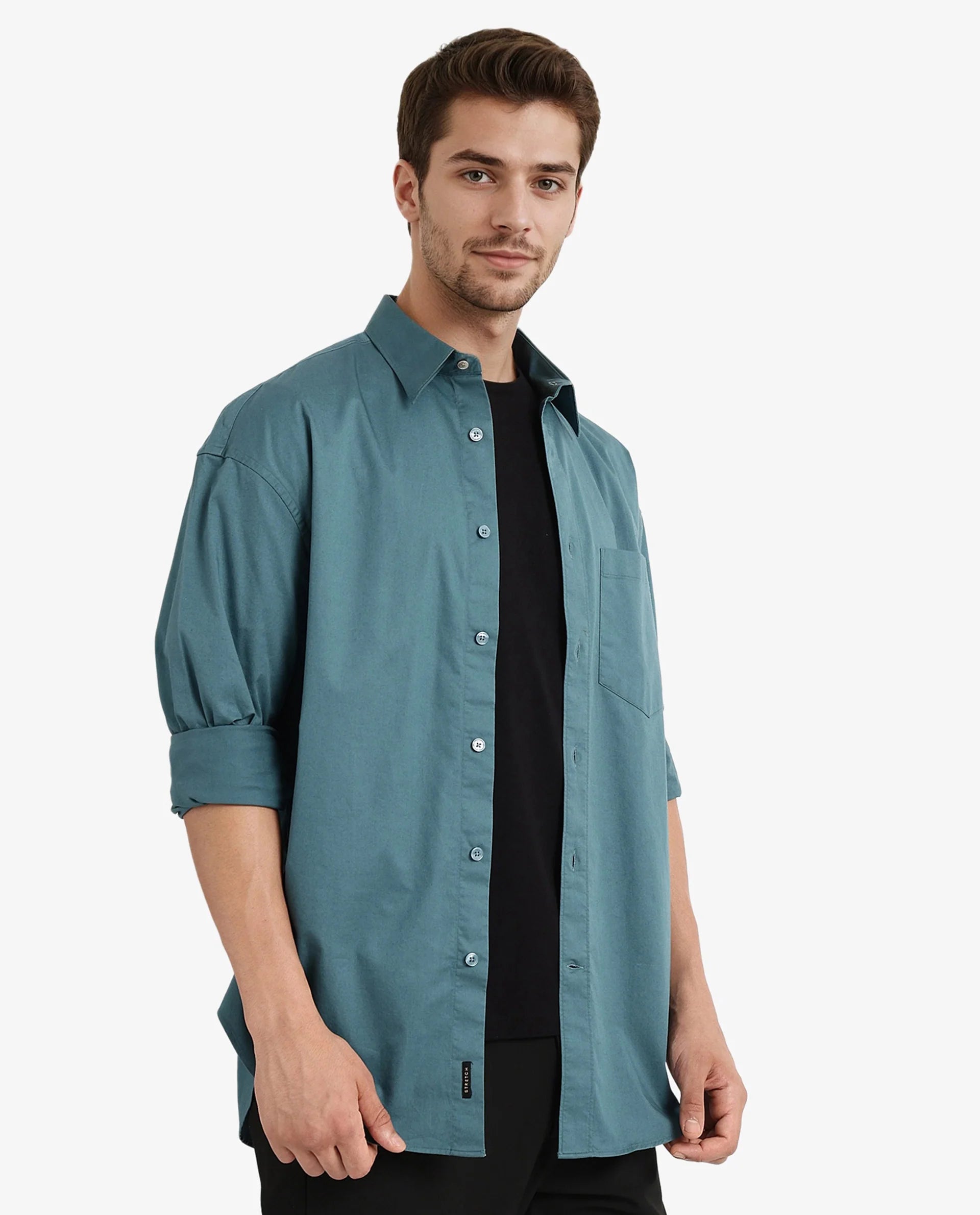 Rare Rabbit Men Lewi Teal Cotton Lycra Fabric Full Sleeve Regular Collar Boxy Fit Plain Shirt