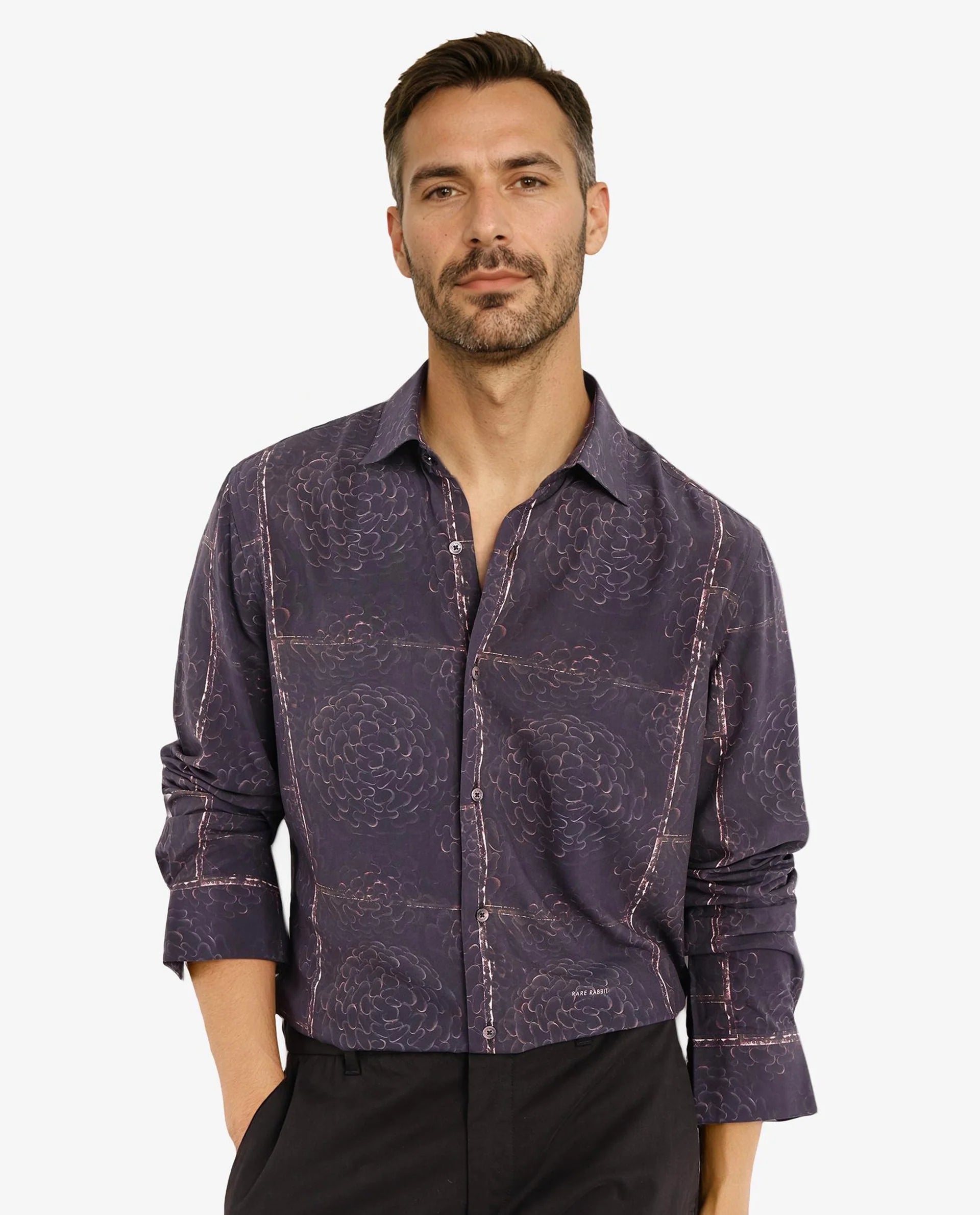 Rare Rabbit Men Libre Black Viscose Fabric Full Sleeve Abstract and Check Print Shirt