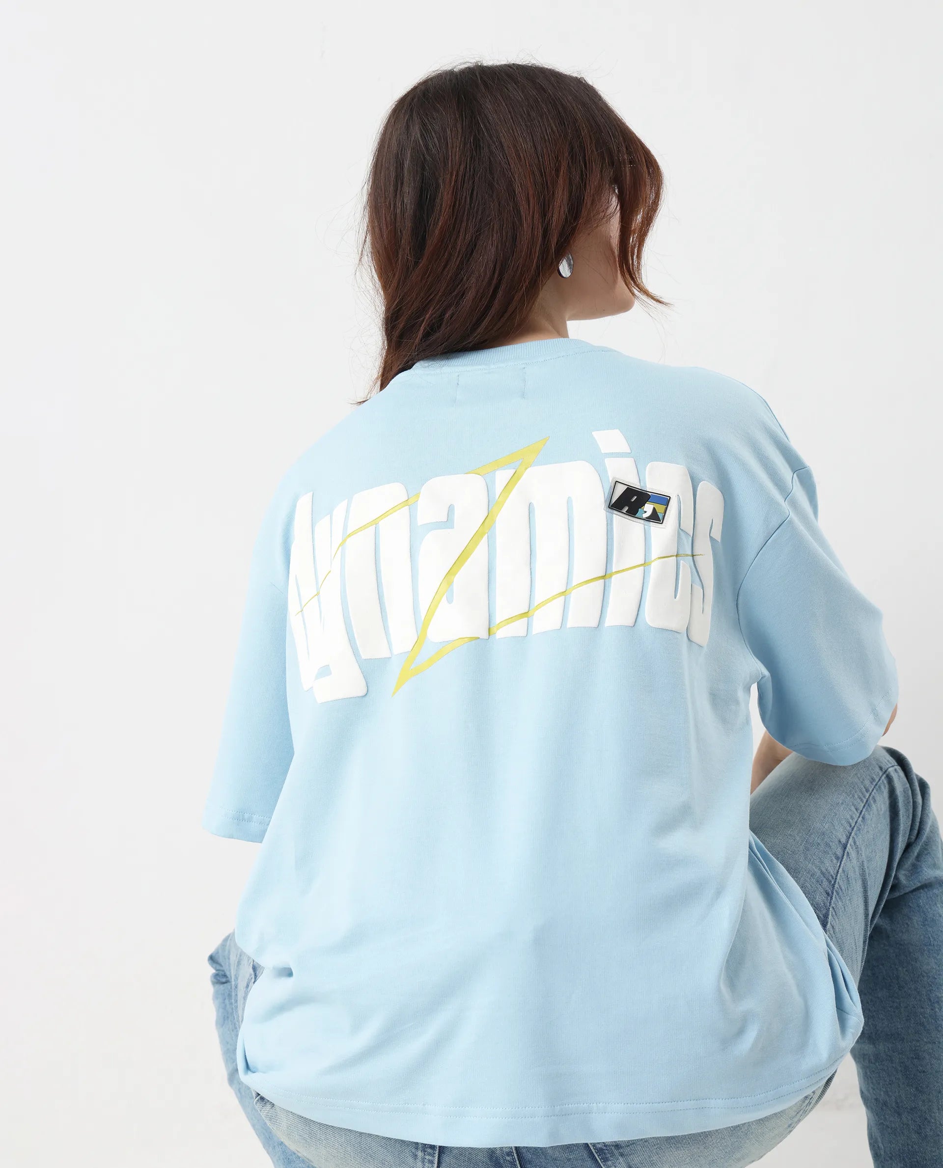 Rareism Women's Liche Blue Cotton Graphic Print Oversized T-Shirt