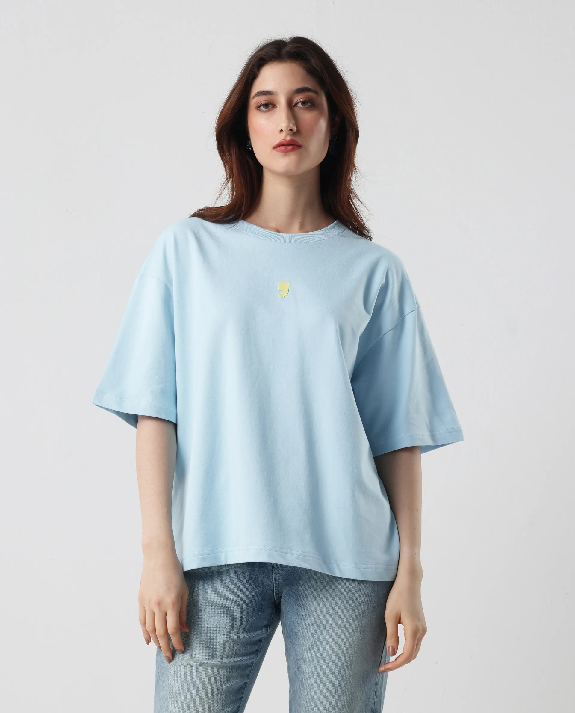 Rareism Women's Liche Blue Cotton Graphic Print Oversized T-Shirt