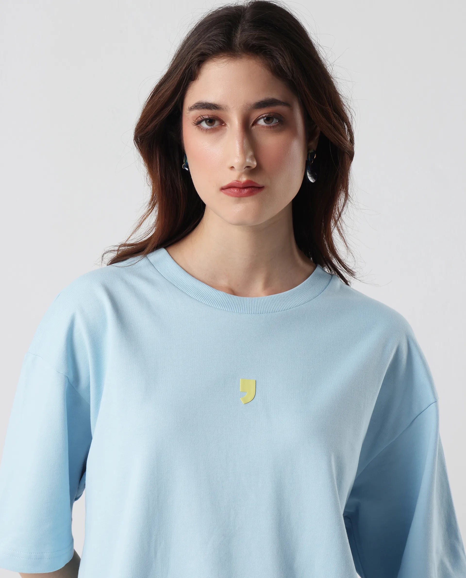 Rareism Women's Liche Blue Cotton Graphic Print Oversized T-Shirt