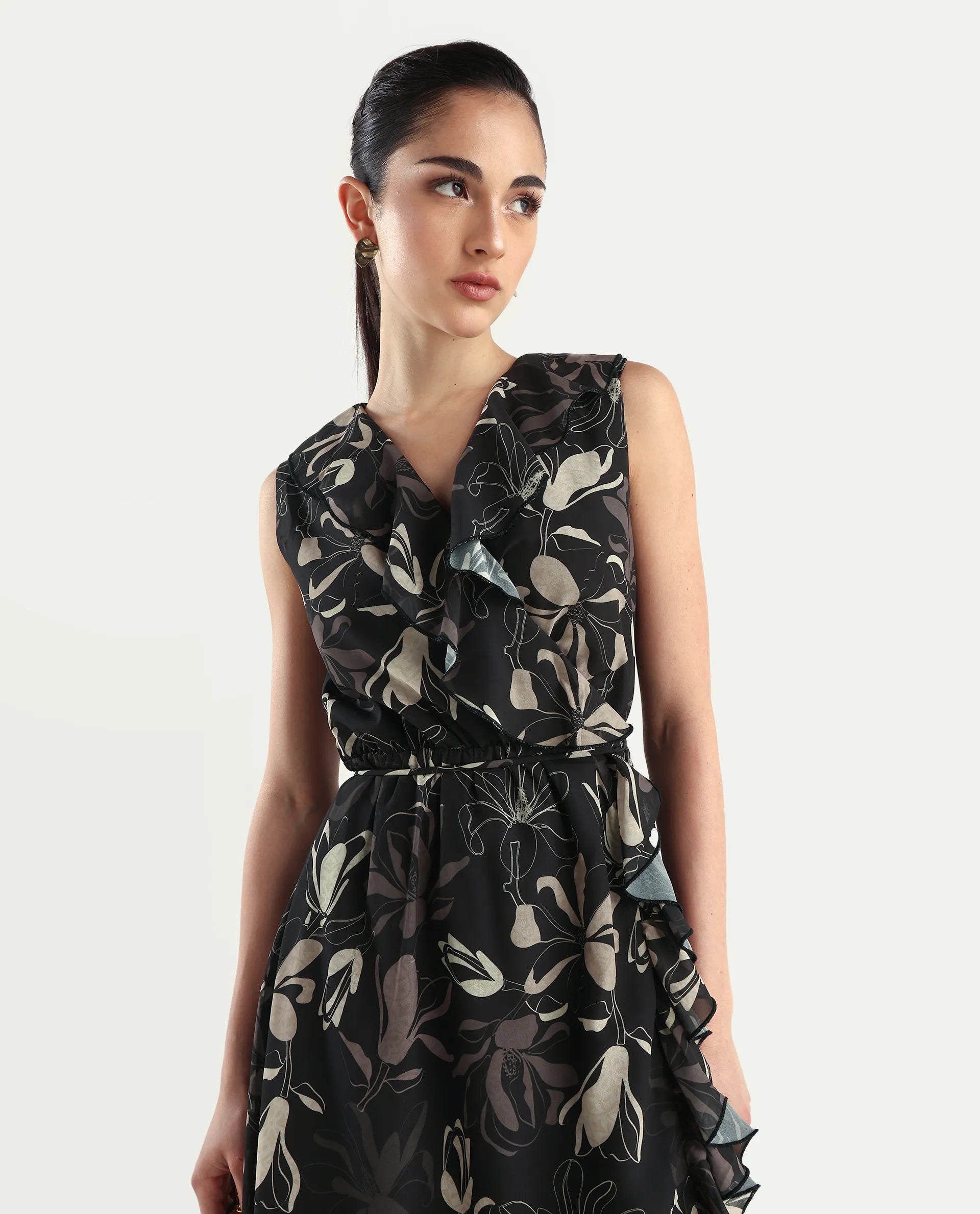 Rareism Women's Licia Black Cotton Blend Overlap Neck Floral Print Sleeveless Maxi A-Line Dress