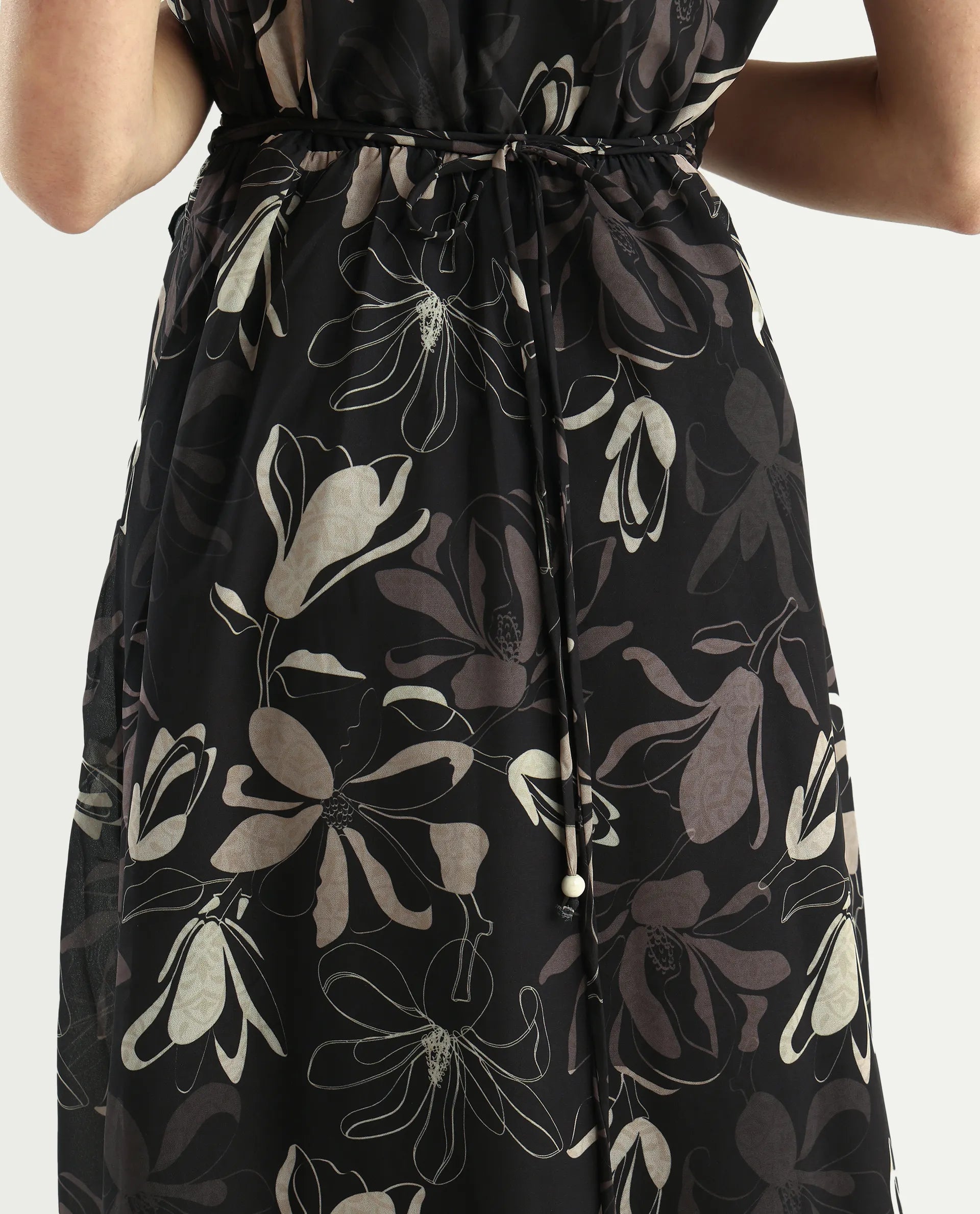 Rareism Women's Licia Black Cotton Blend Overlap Neck Floral Print Sleeveless Maxi A-Line Dress