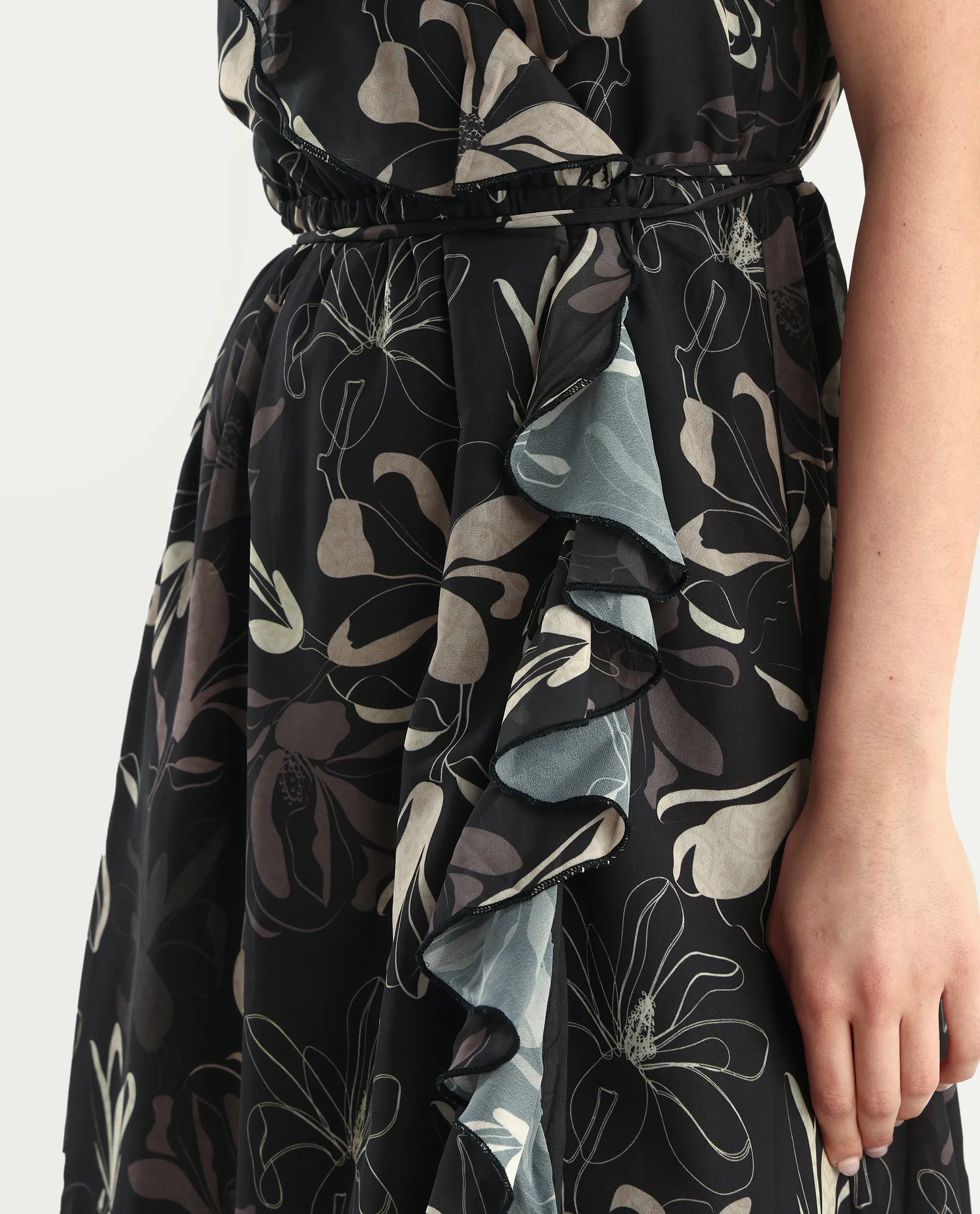 Rareism Women's Licia Black Cotton Blend Overlap Neck Floral Print Sleeveless Maxi A-Line Dress