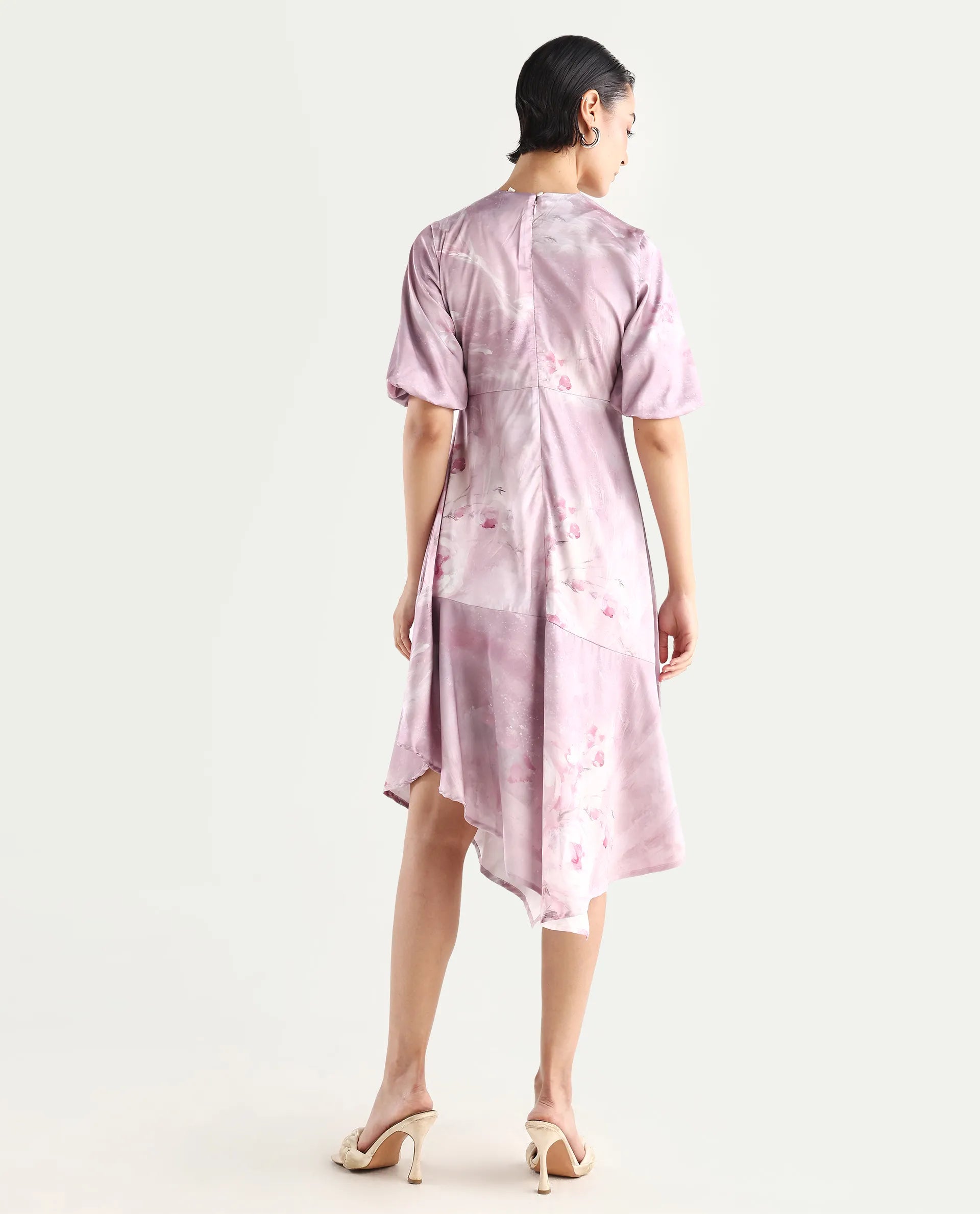 Rareism Women's Limoges Dusky Pink Satin Round Neck Floral Print Balloon Sleeve Midi Fit And Flare Dress