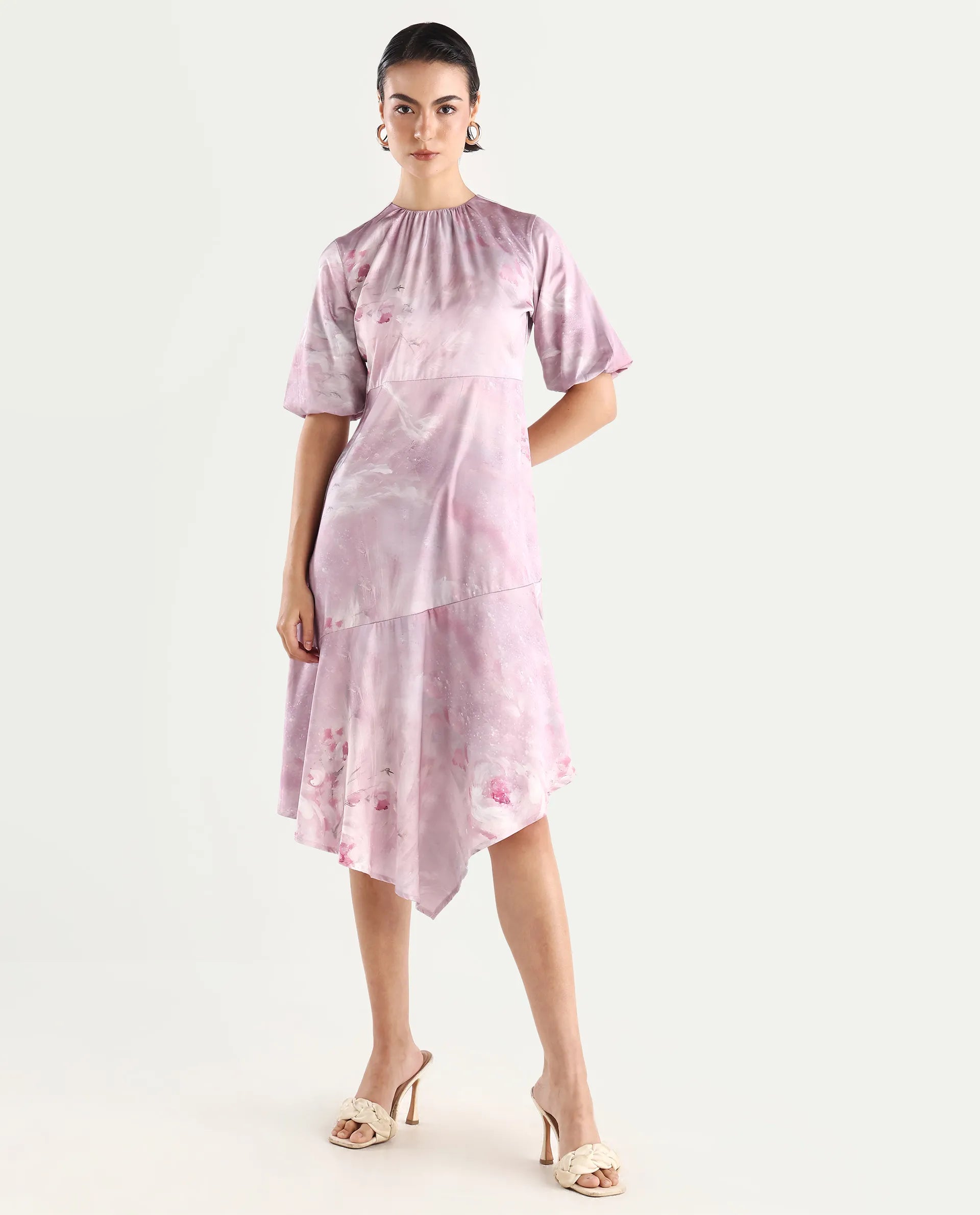 Rareism Women's Limoges Dusky Pink Satin Round Neck Floral Print Balloon Sleeve Midi Fit And Flare Dress