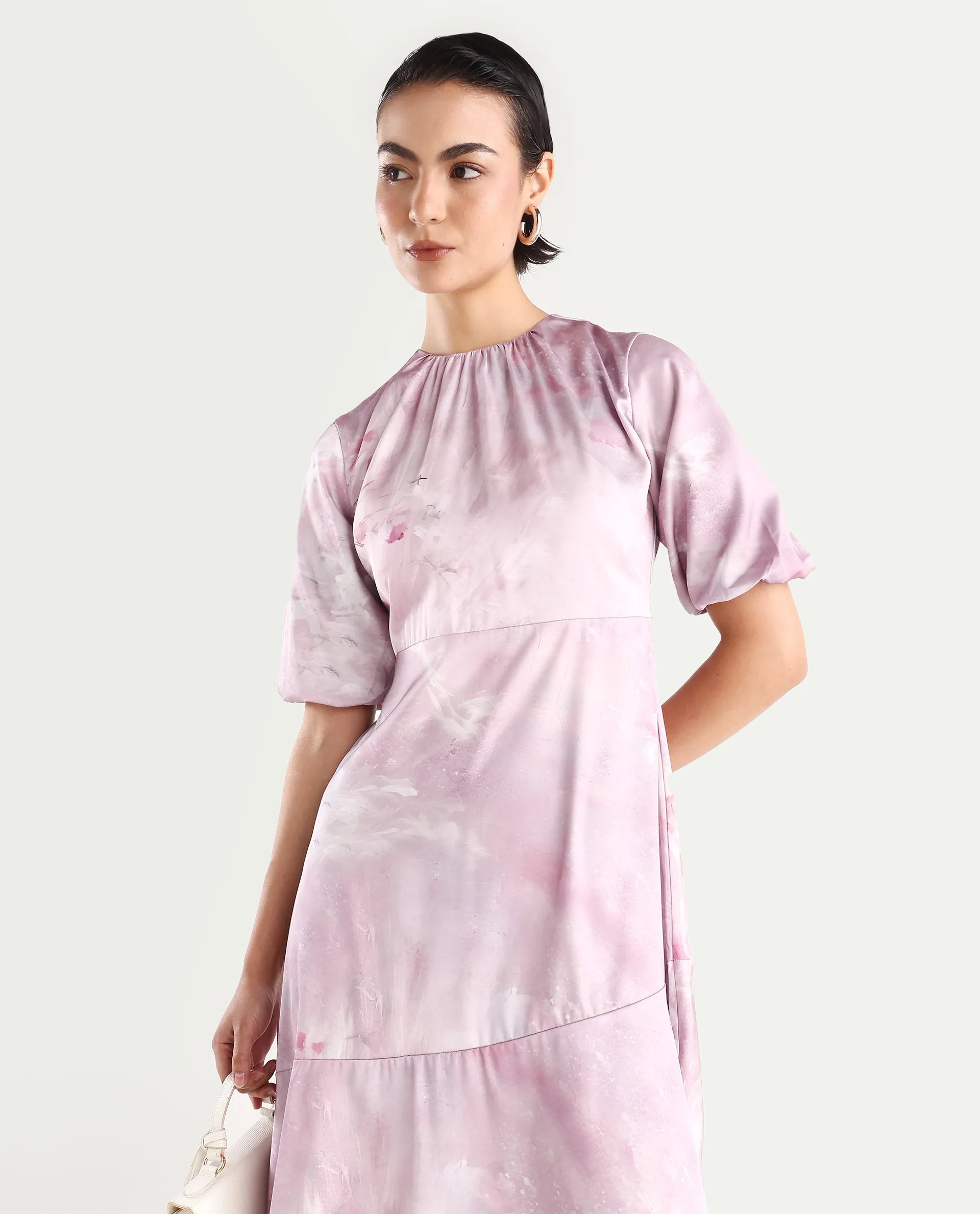 Rareism Women's Limoges Dusky Pink Satin Round Neck Floral Print Balloon Sleeve Midi Fit And Flare Dress