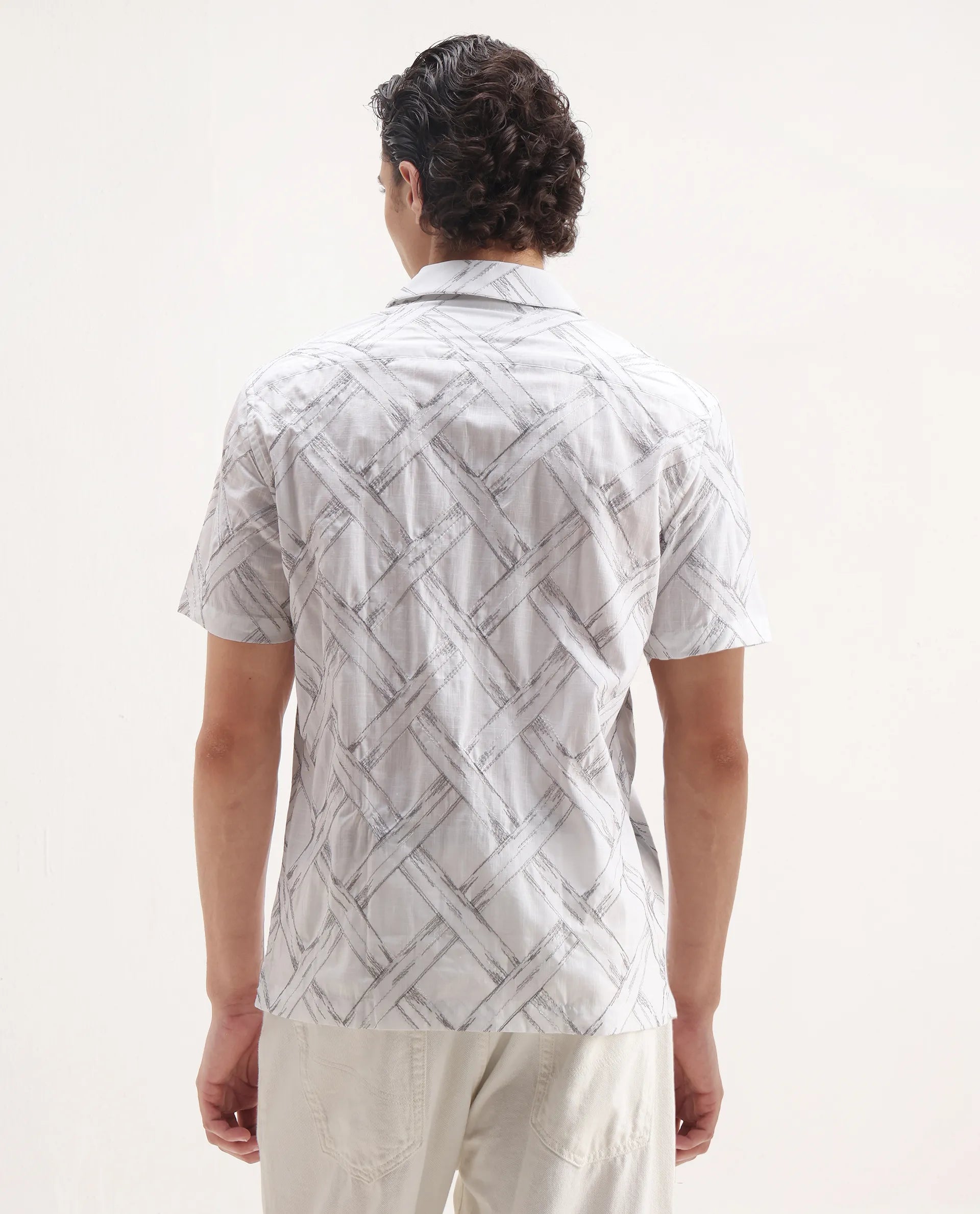 Rare Rabbit Men's Lina White Cotton Embroidered Relaxed Fit Half Sleeve Cuban Collar Shirt