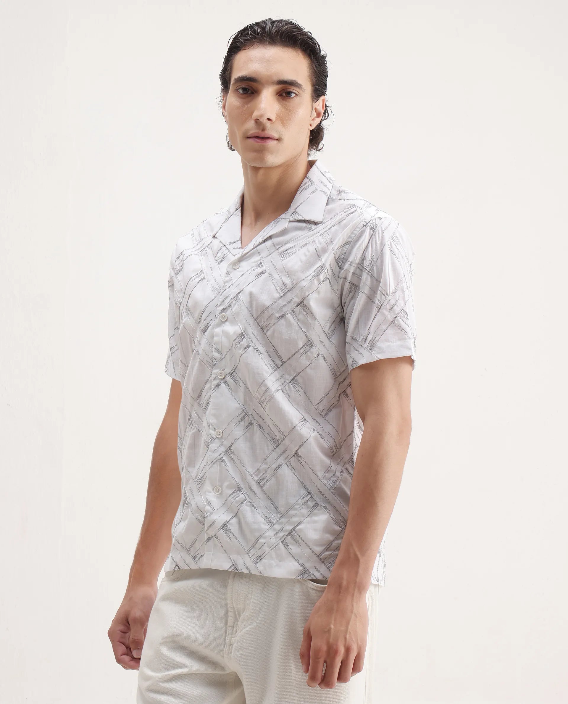 Rare Rabbit Men's Lina White Cotton Embroidered Relaxed Fit Half Sleeve Cuban Collar Shirt