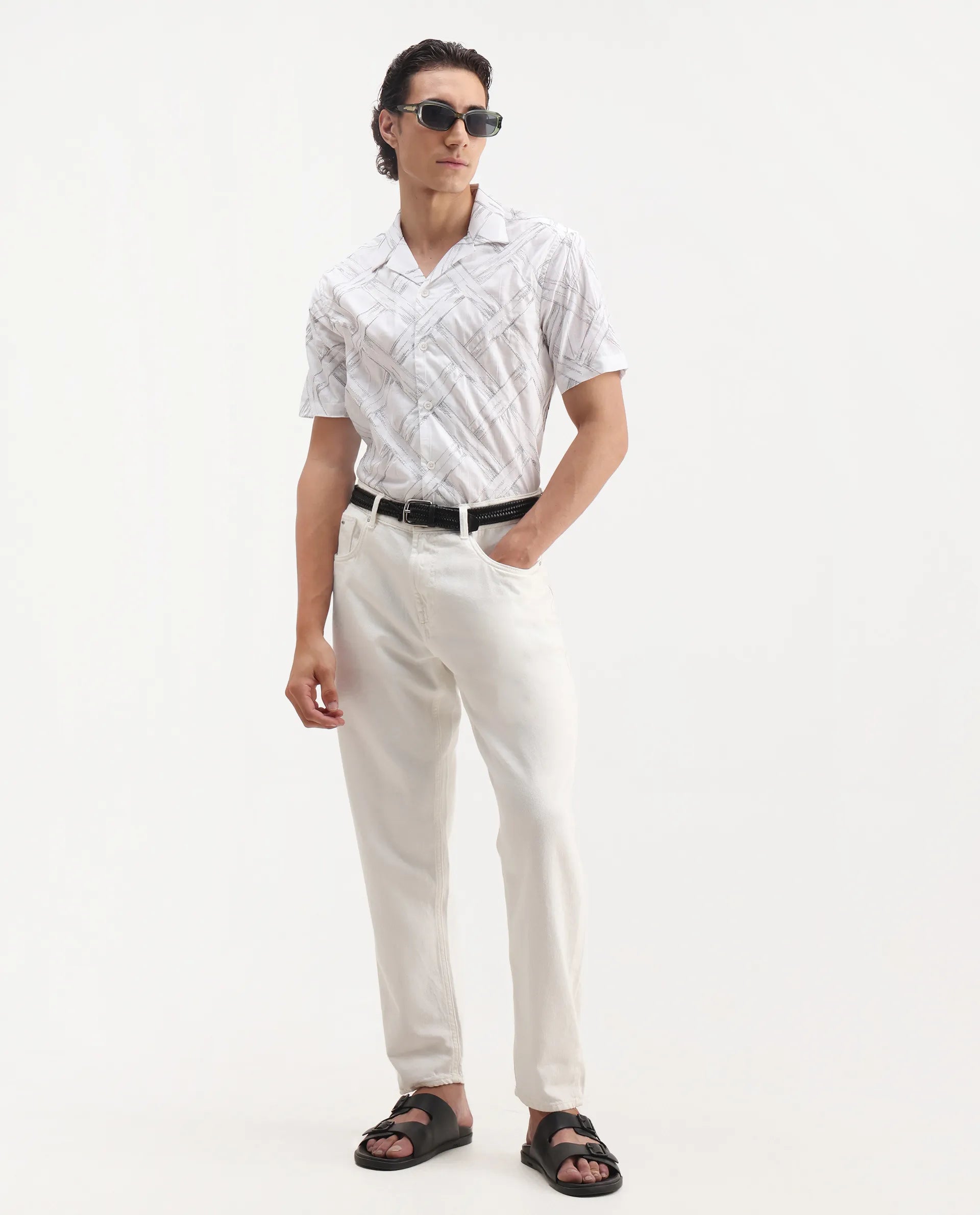 Rare Rabbit Men's Lina White Cotton Embroidered Relaxed Fit Half Sleeve Cuban Collar Shirt