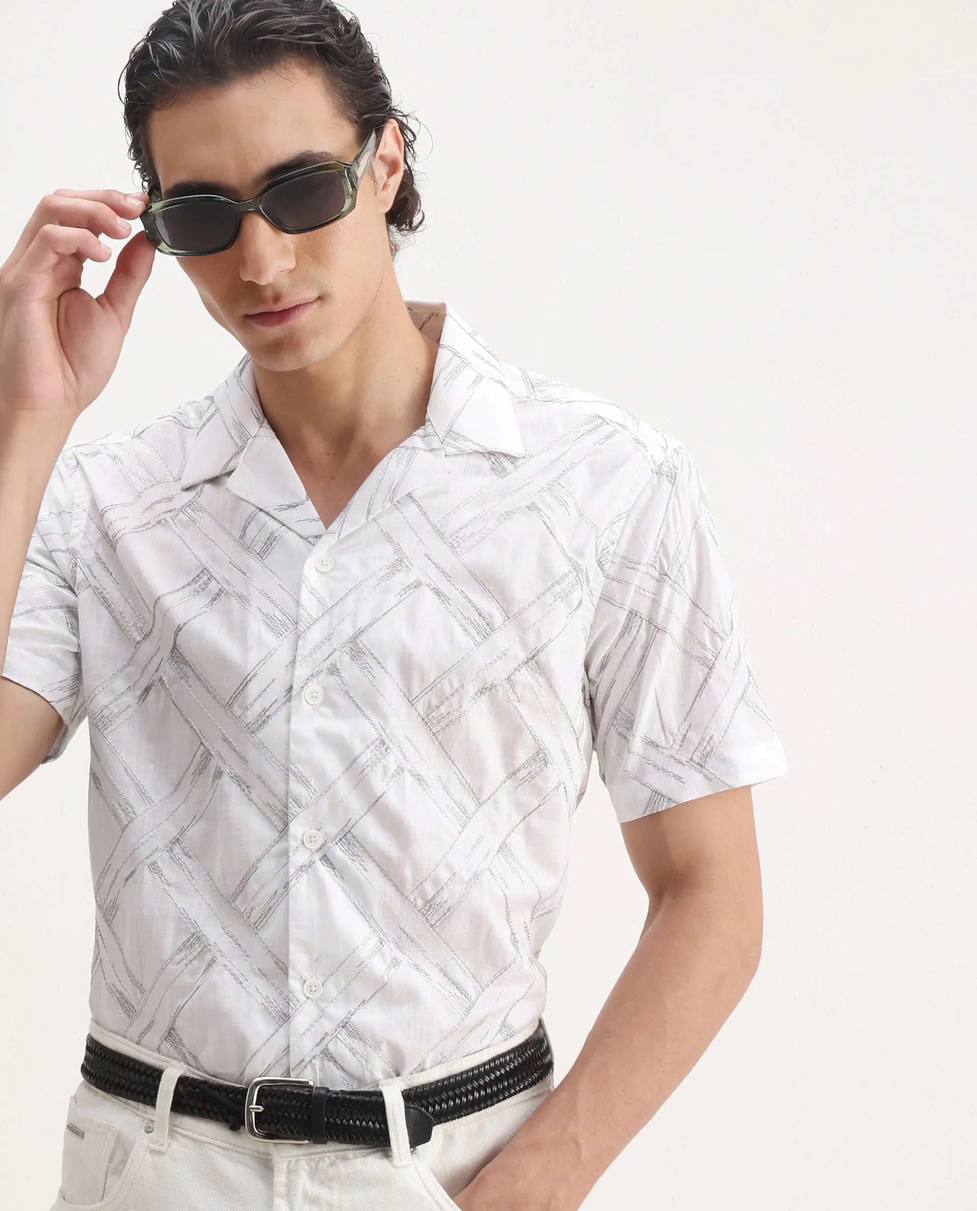 Rare Rabbit Men's Lina White Cotton Embroidered Relaxed Fit Half Sleeve Cuban Collar Shirt