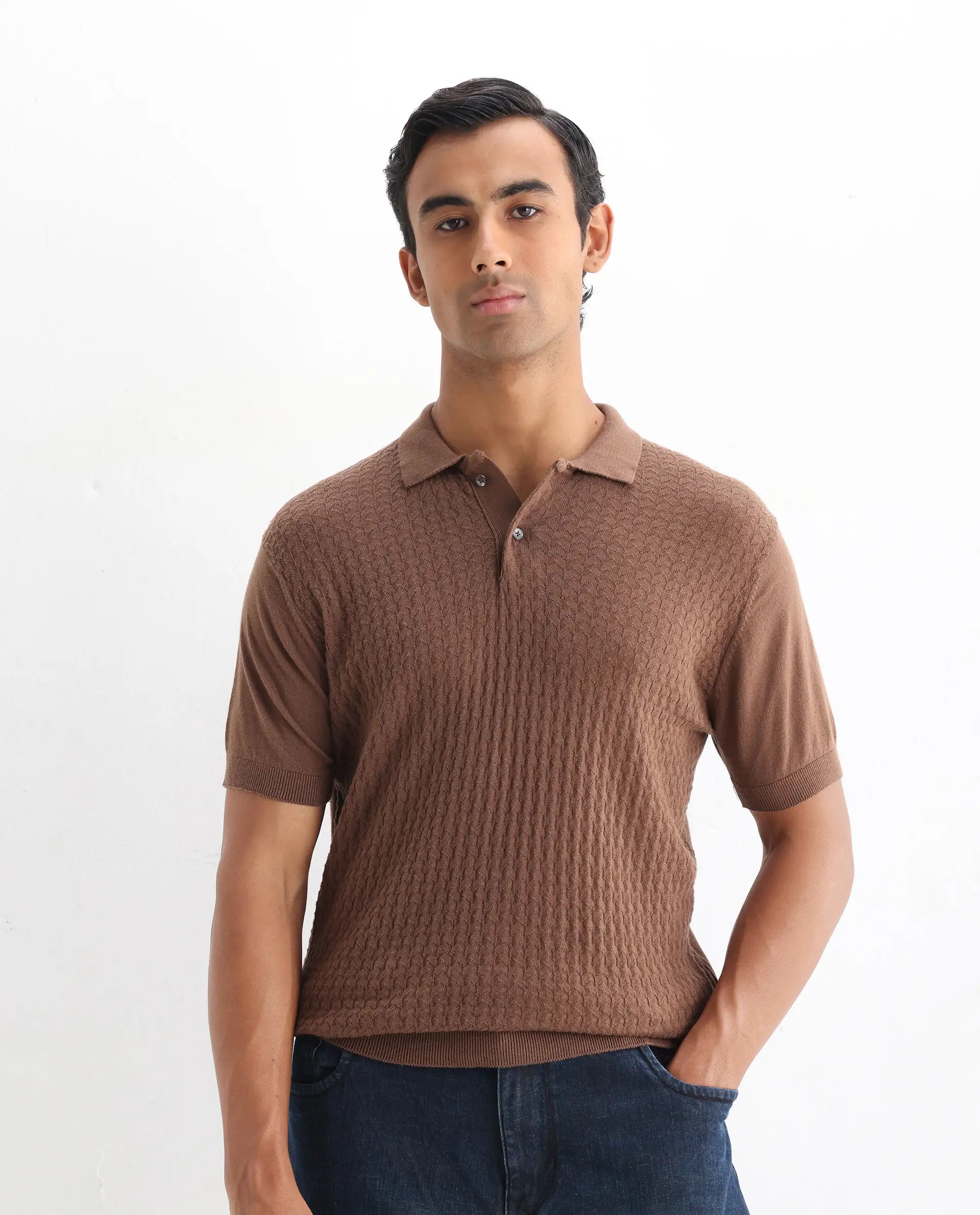 Rare Rabbit Men's Lincos Brown Cotton Jacquard Slim Fit Half Sleeve Polo