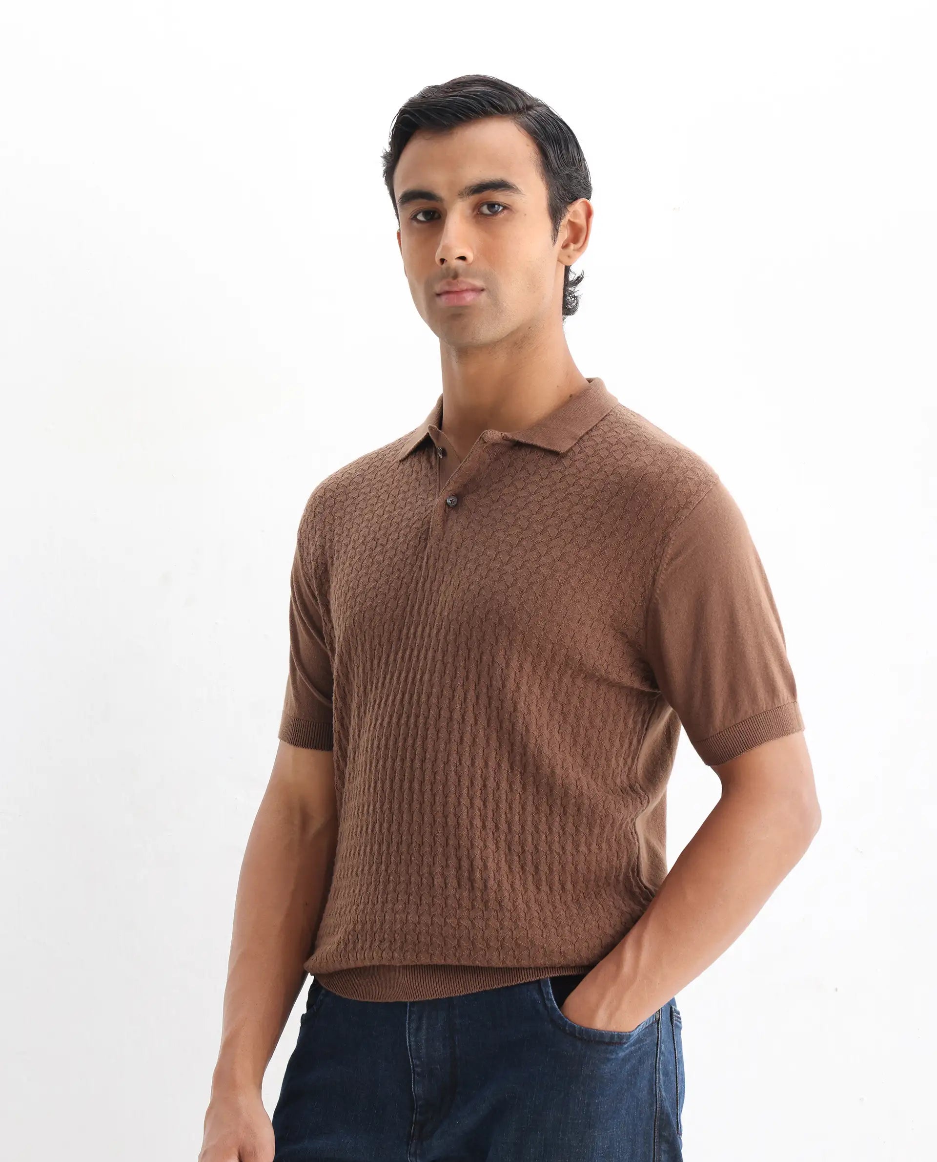 Rare Rabbit Men's Lincos Brown Cotton Jacquard Slim Fit Half Sleeve Polo