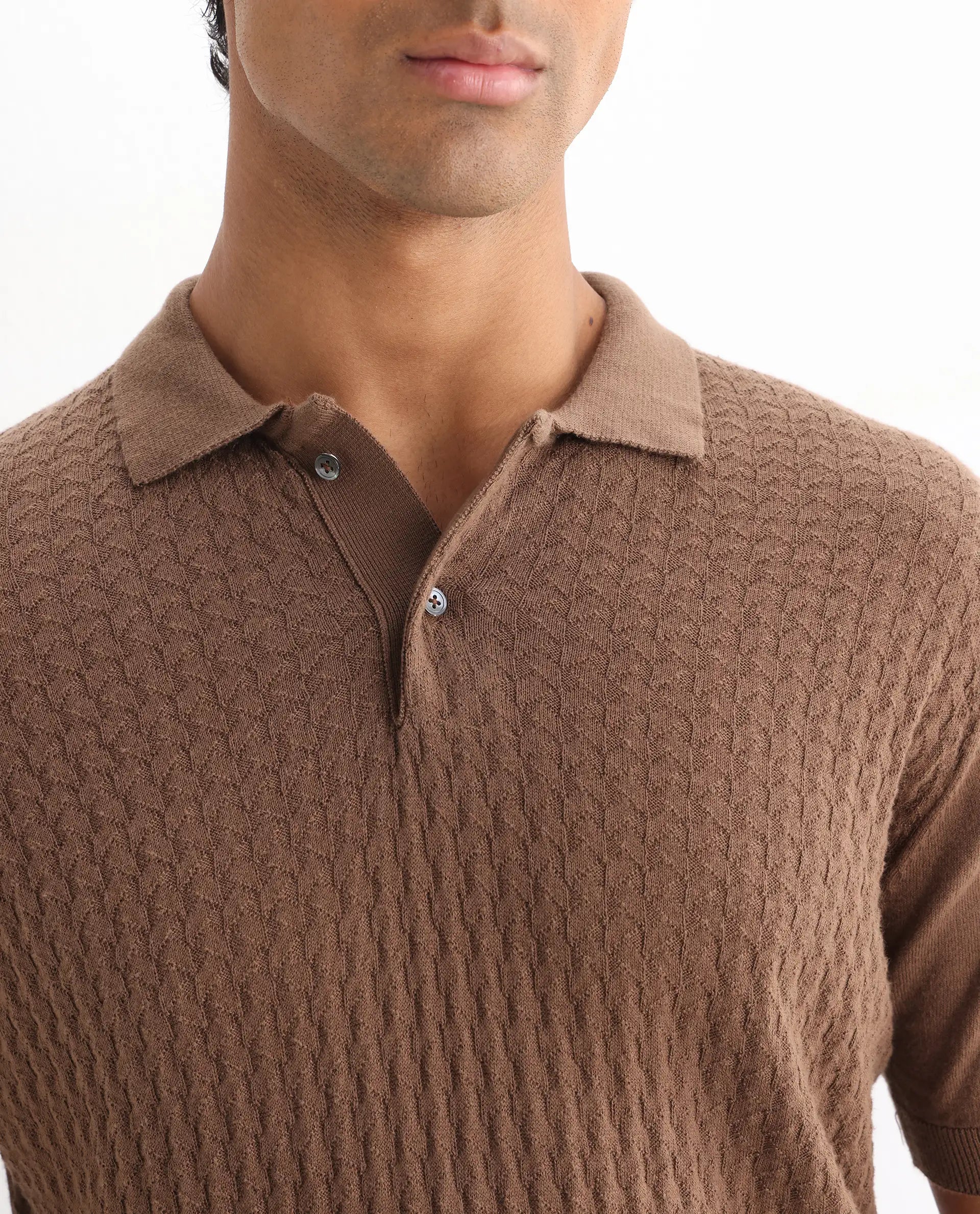 Rare Rabbit Men's Lincos Brown Cotton Jacquard Slim Fit Half Sleeve Polo