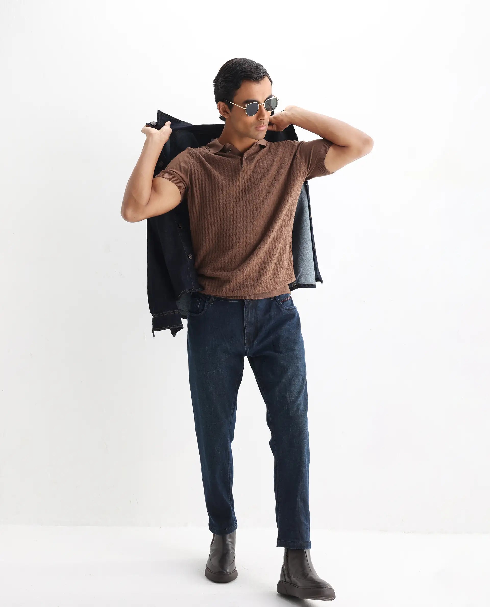 Rare Rabbit Men's Lincos Brown Cotton Jacquard Slim Fit Half Sleeve Polo