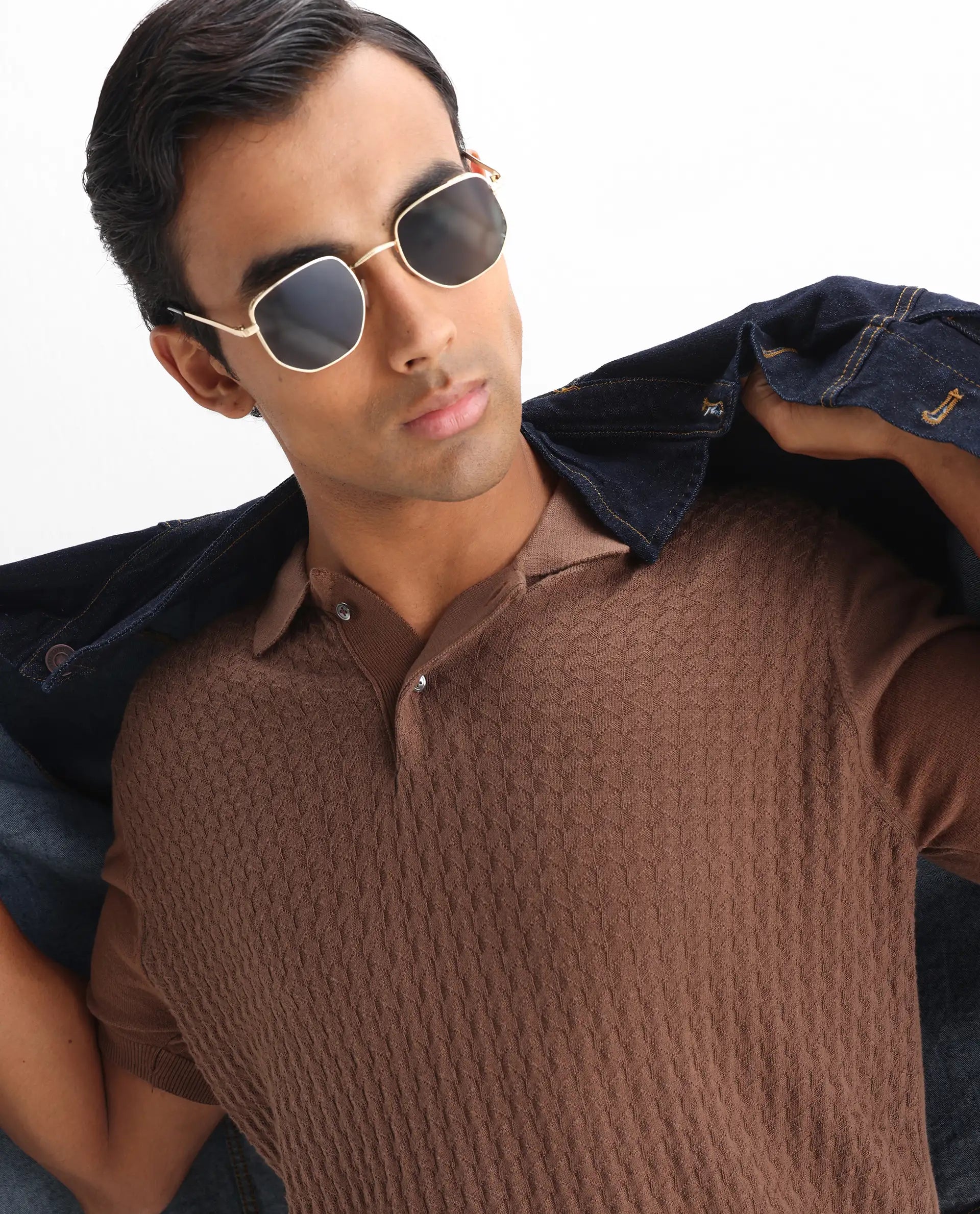 Rare Rabbit Men's Lincos Brown Cotton Jacquard Slim Fit Half Sleeve Polo