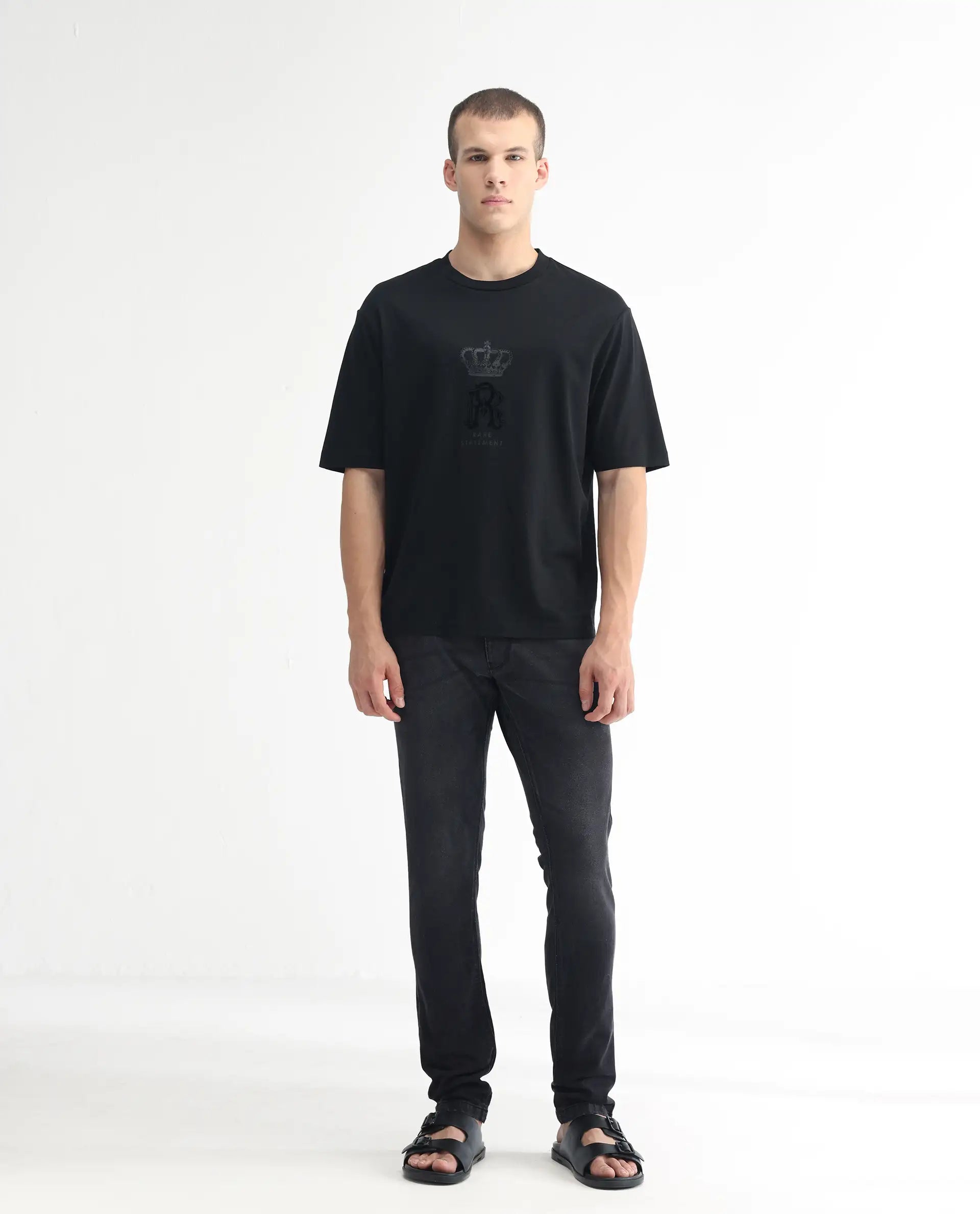 Rare Rabbit Men's Linea Black Cotton Plain Hawk Slim Fit Jeans