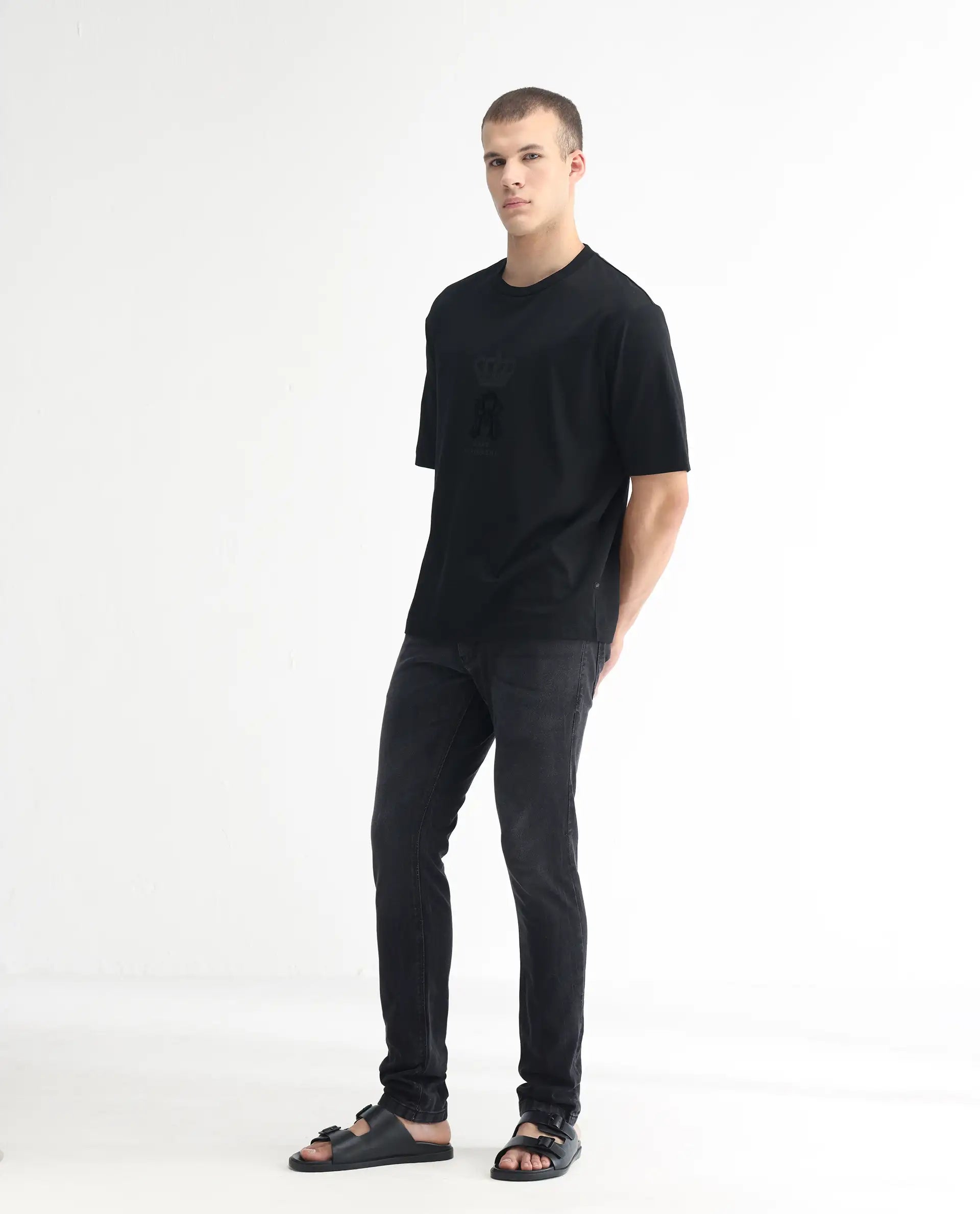 Rare Rabbit Men's Linea Black Cotton Plain Hawk Slim Fit Jeans