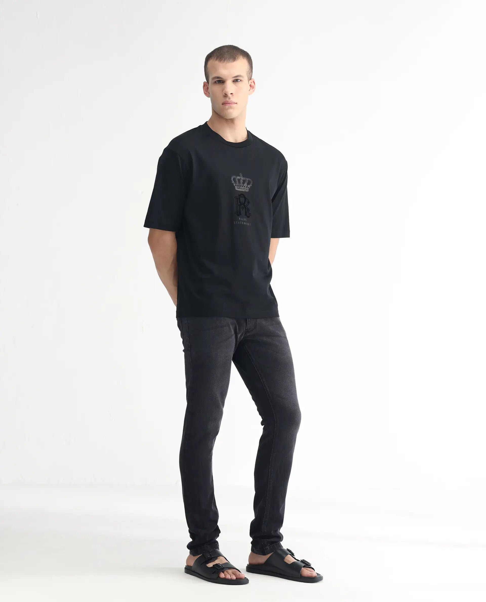 Rare Rabbit Men's Linea Black Cotton Plain Hawk Slim Fit Jeans