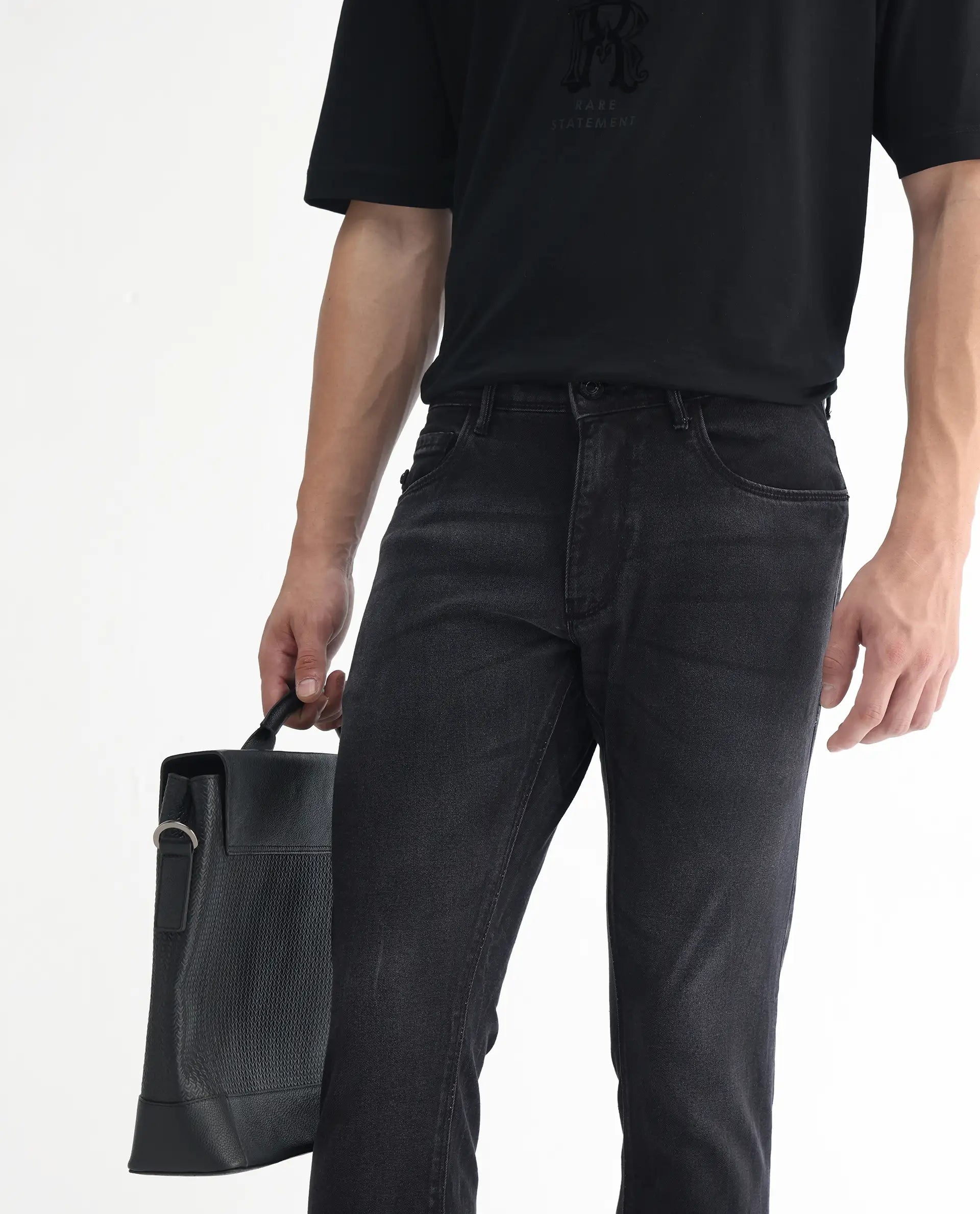 Rare Rabbit Men's Linea Black Cotton Plain Hawk Slim Fit Jeans