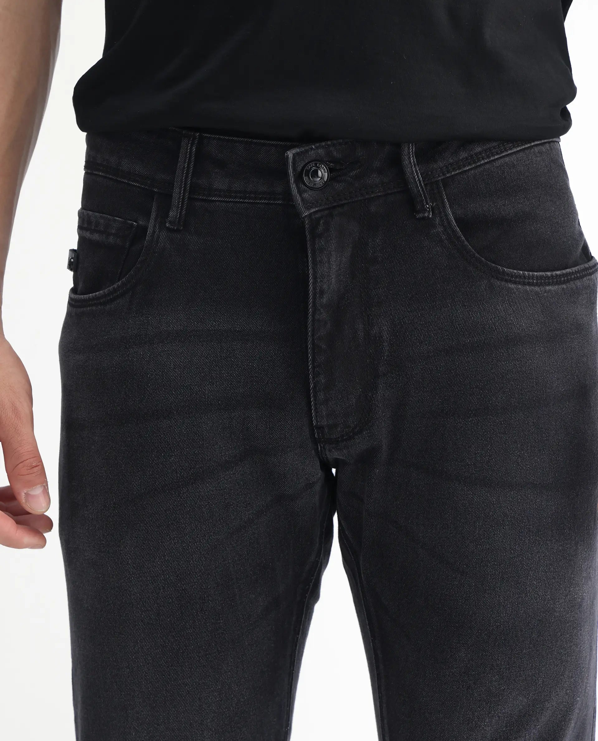 Rare Rabbit Men's Linea Black Cotton Plain Hawk Slim Fit Jeans