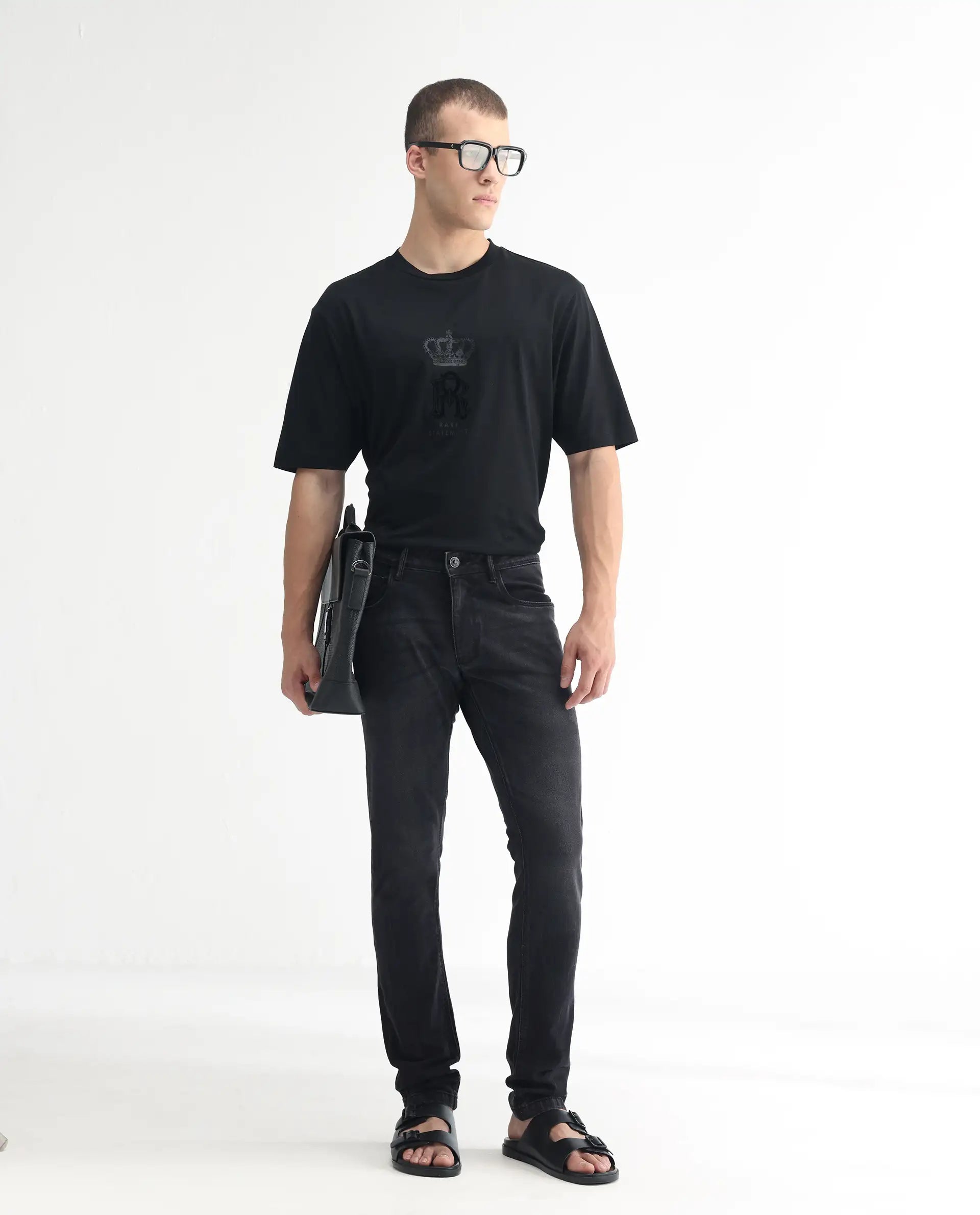 Rare Rabbit Men's Linea Black Cotton Plain Hawk Slim Fit Jeans