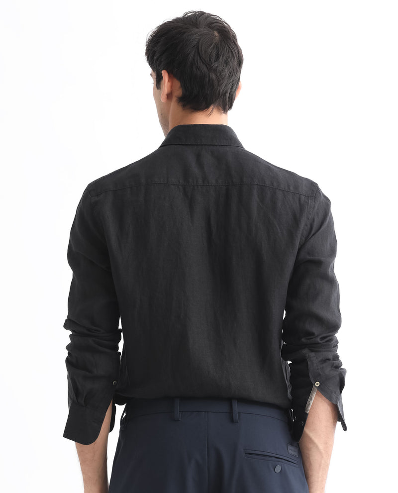 Rare Rabbit Men's Linex Black Linen Fabric Full Sleeves Solid Shirt