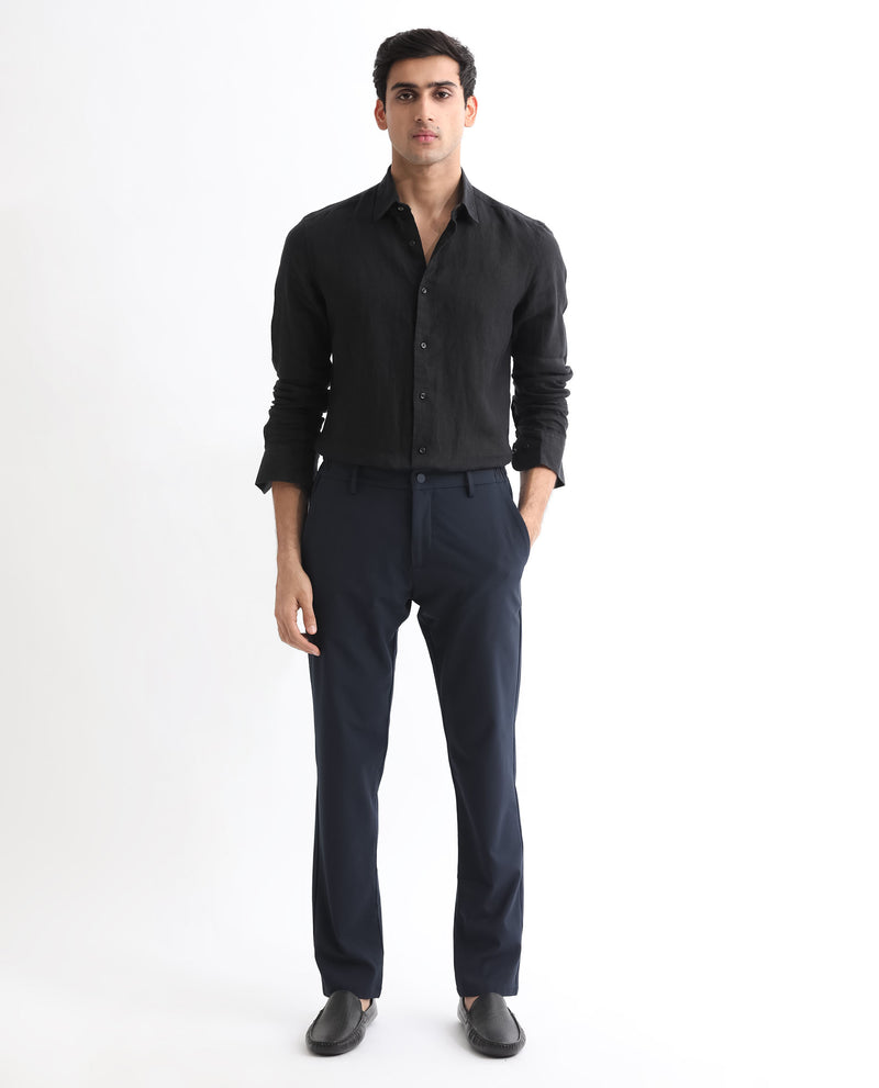 Rare Rabbit Men's Linex Black Linen Fabric Full Sleeves Solid Shirt