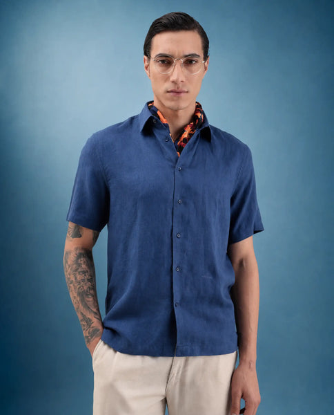 Linex Blue Buy Linex Ss - Blue Regular Fit Linen Blend Half Sleeve Shirt| Rare Rabbit