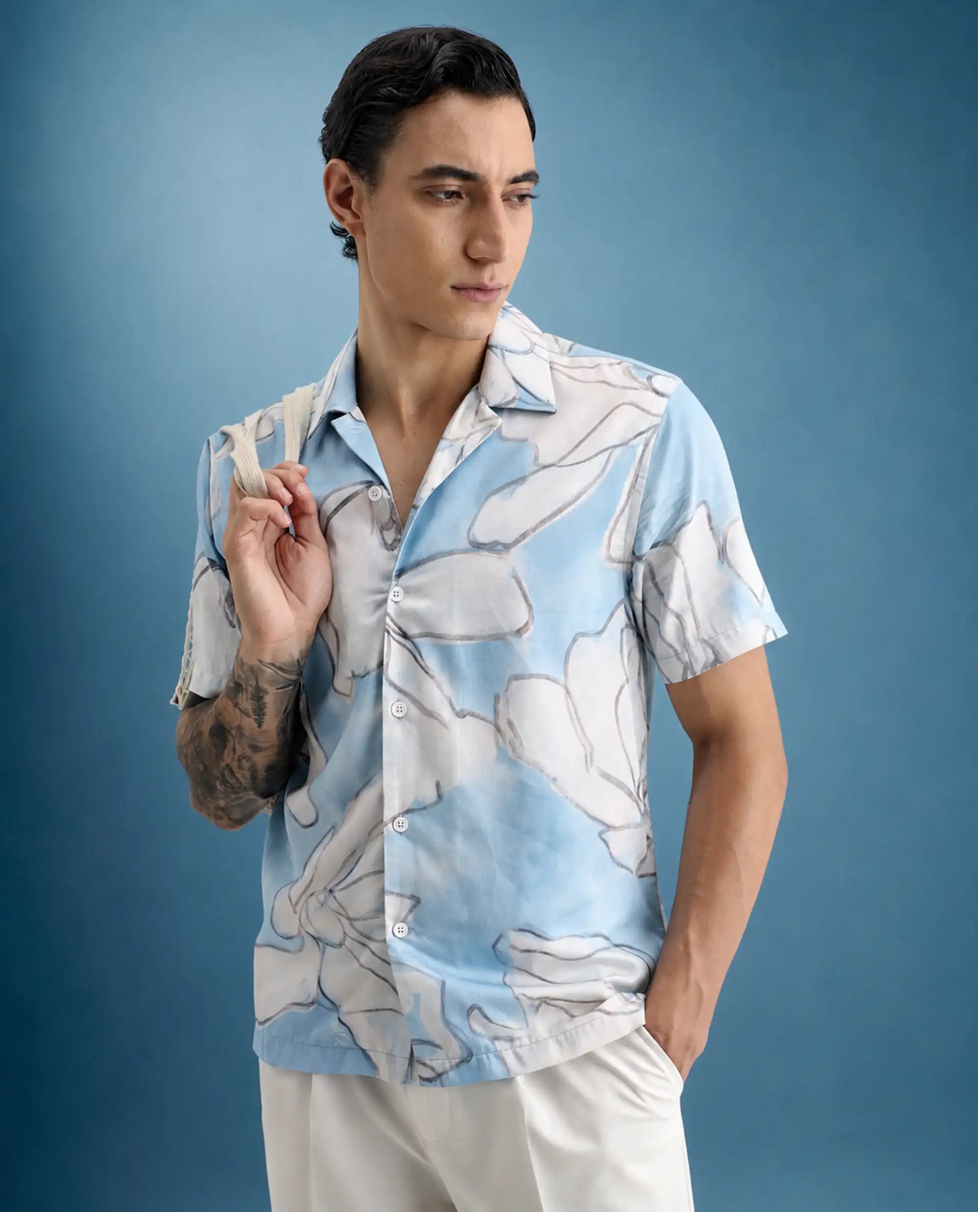Rare Rabbit Men's Lino Pastel Blue Cotton Blend Fabric Half Sleeve Cuban Collar Regular Fit Floral Print Shirt