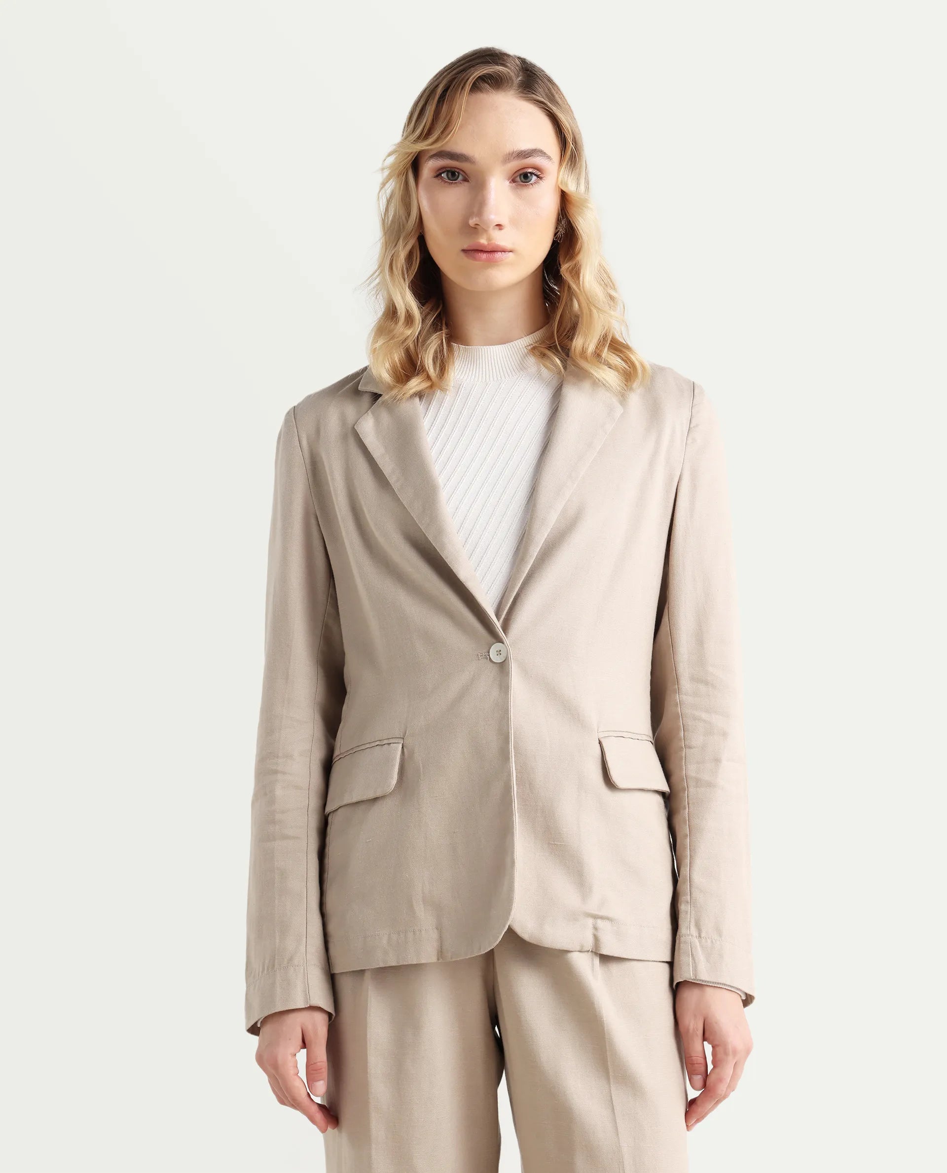 Rareism Women's Linzy-T Beige 100% Linen Full Sleeve Lapel Neck Regular Plain Blazer