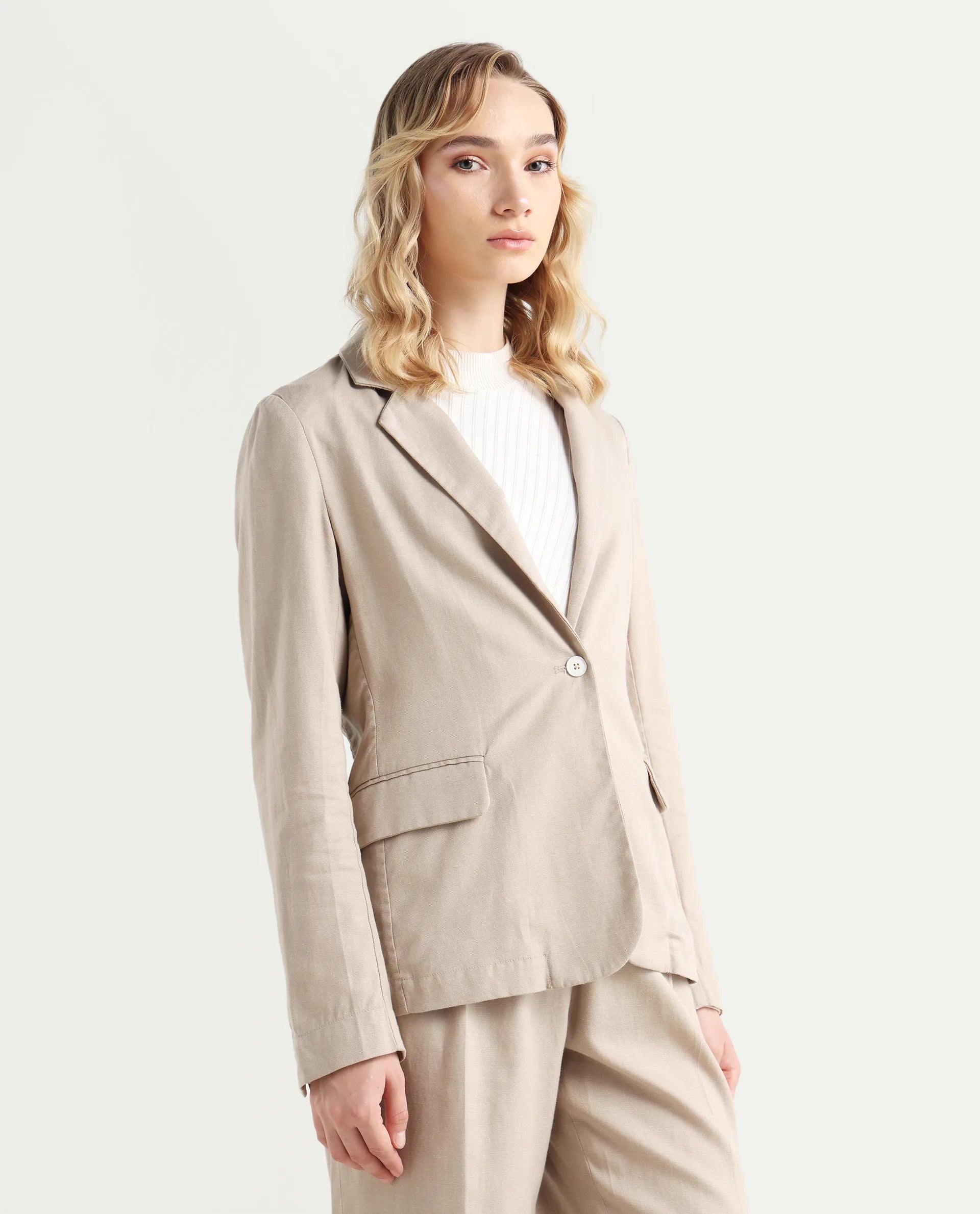 Rareism Women's Linzy-T Beige 100% Linen Full Sleeve Lapel Neck Regular Plain Blazer